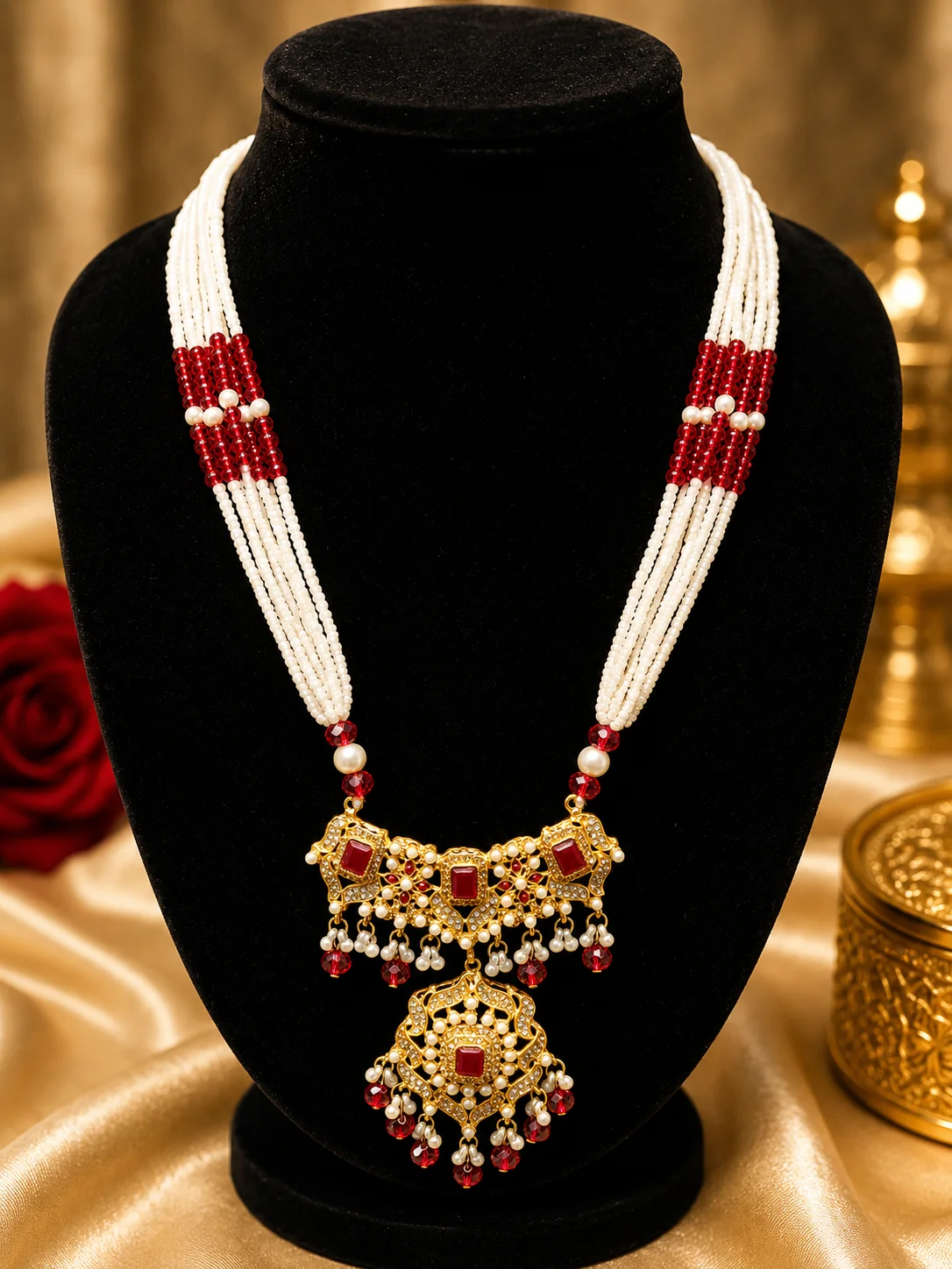 Red & Pearl Multi-Strand Traditional Mala Necklace