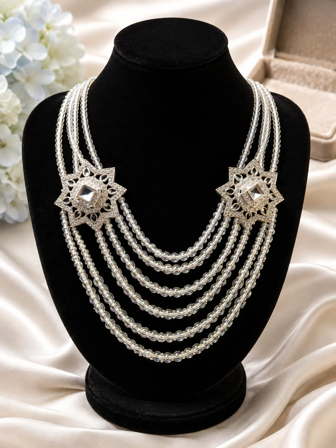 Luxury Multi-Layer Crystal Beaded Mala Necklace – Silver Star Design