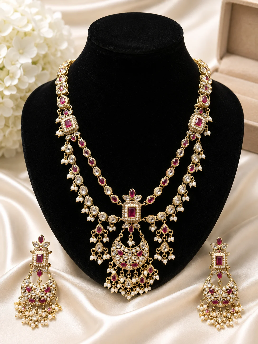 Royal Ruby Pearl Multi-Layer Necklace with Matching Earrings – Bridal Jewelry Set