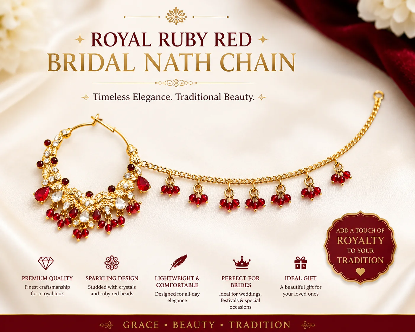 Royal Ruby Red Bridal Nath Chain