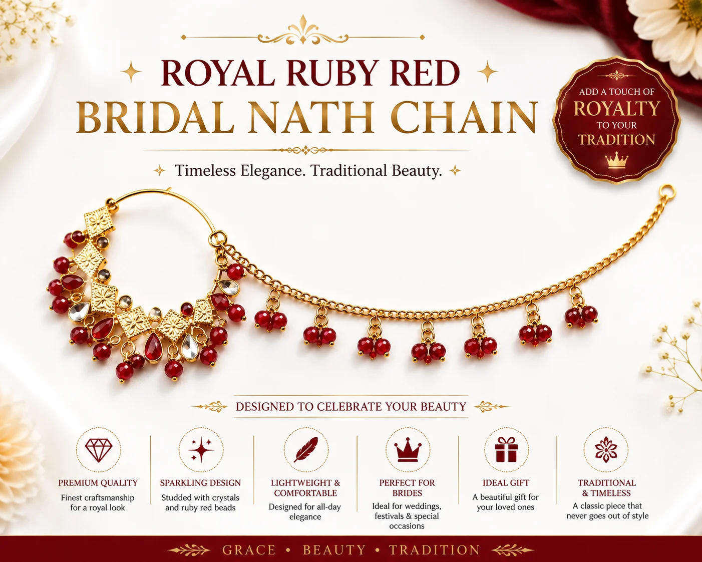 Royal Ruby Red Bridal Nath Chain