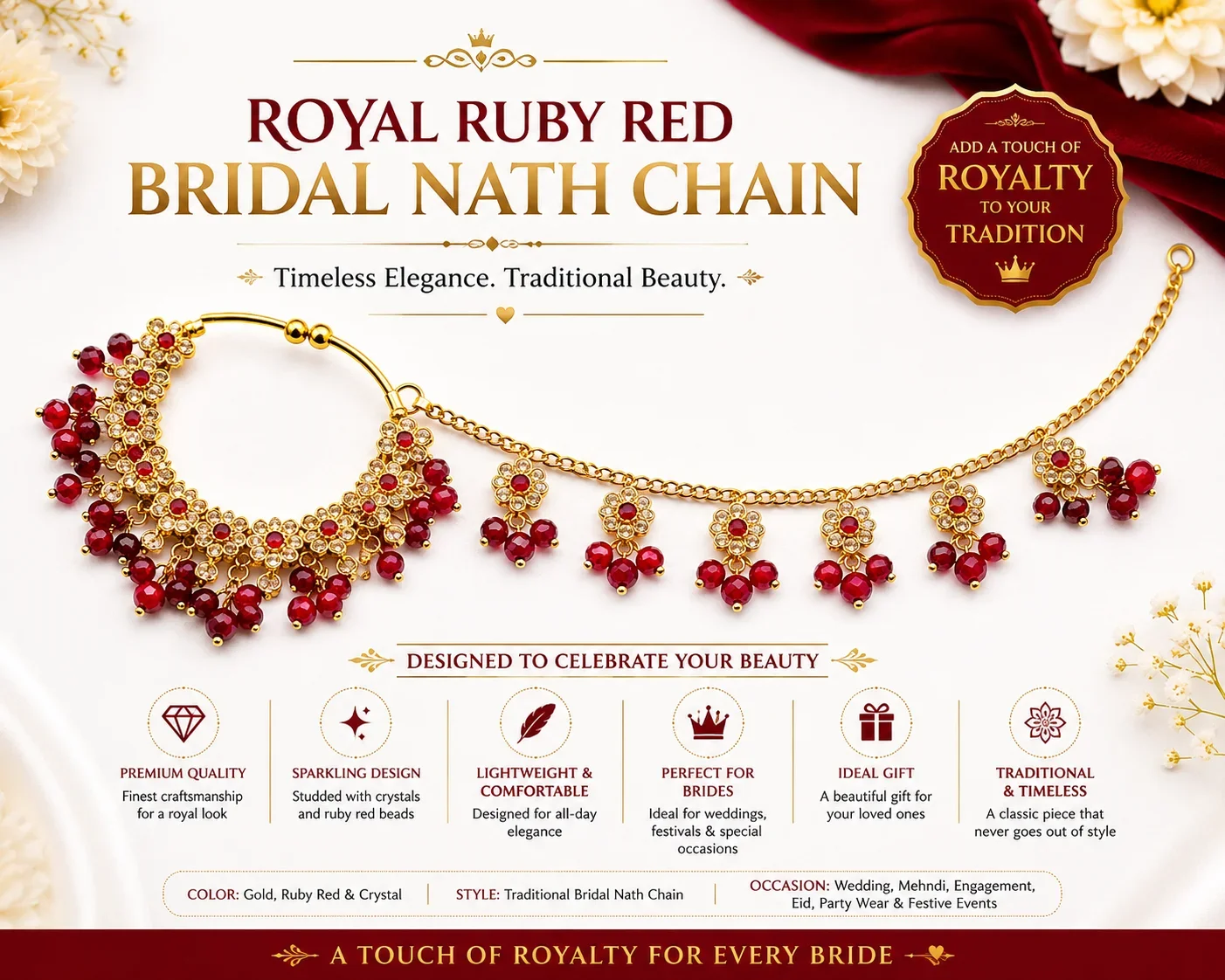 Luxury Ruby Red Bridal Nath Chain