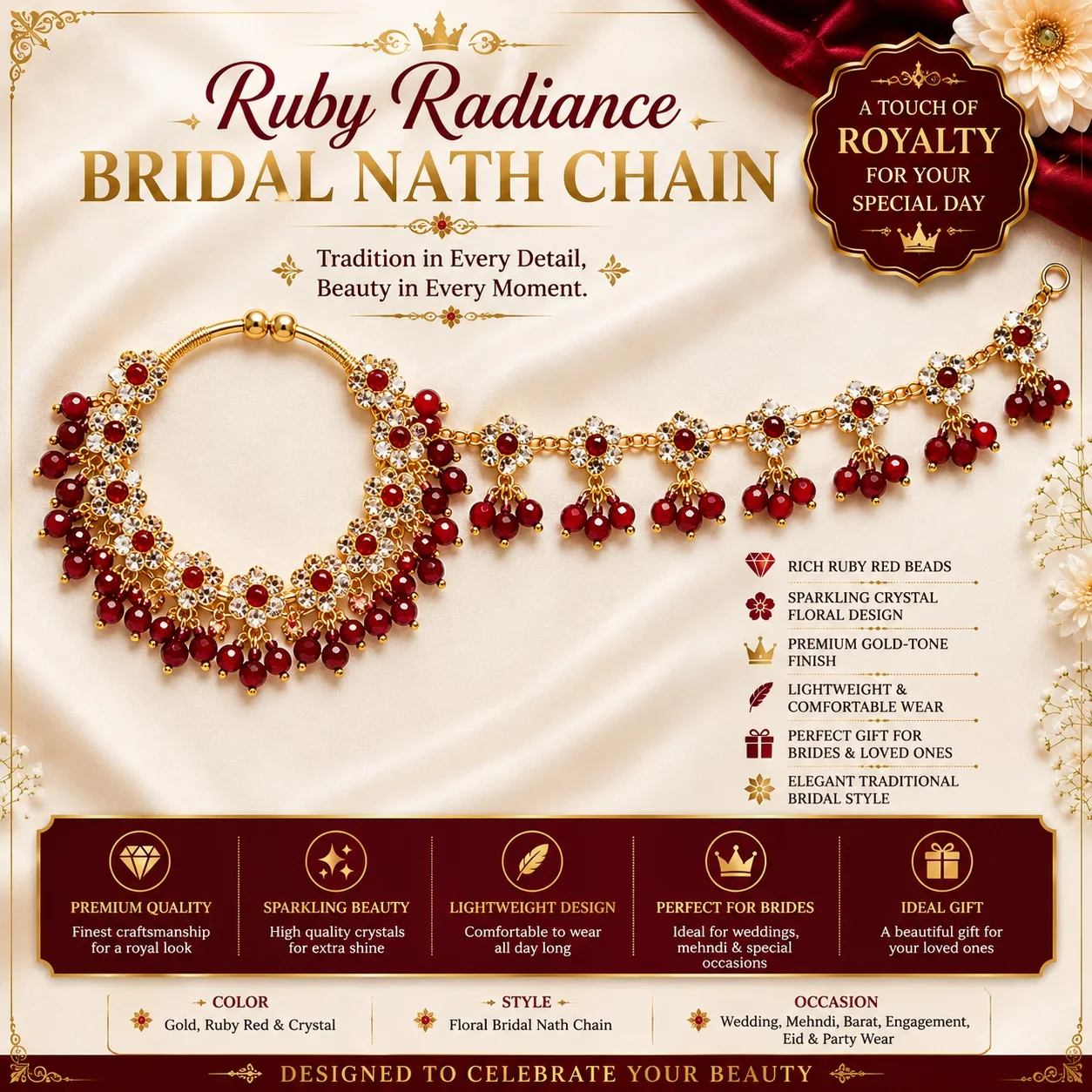 Crimson Blossom Bridal Nath Chain
