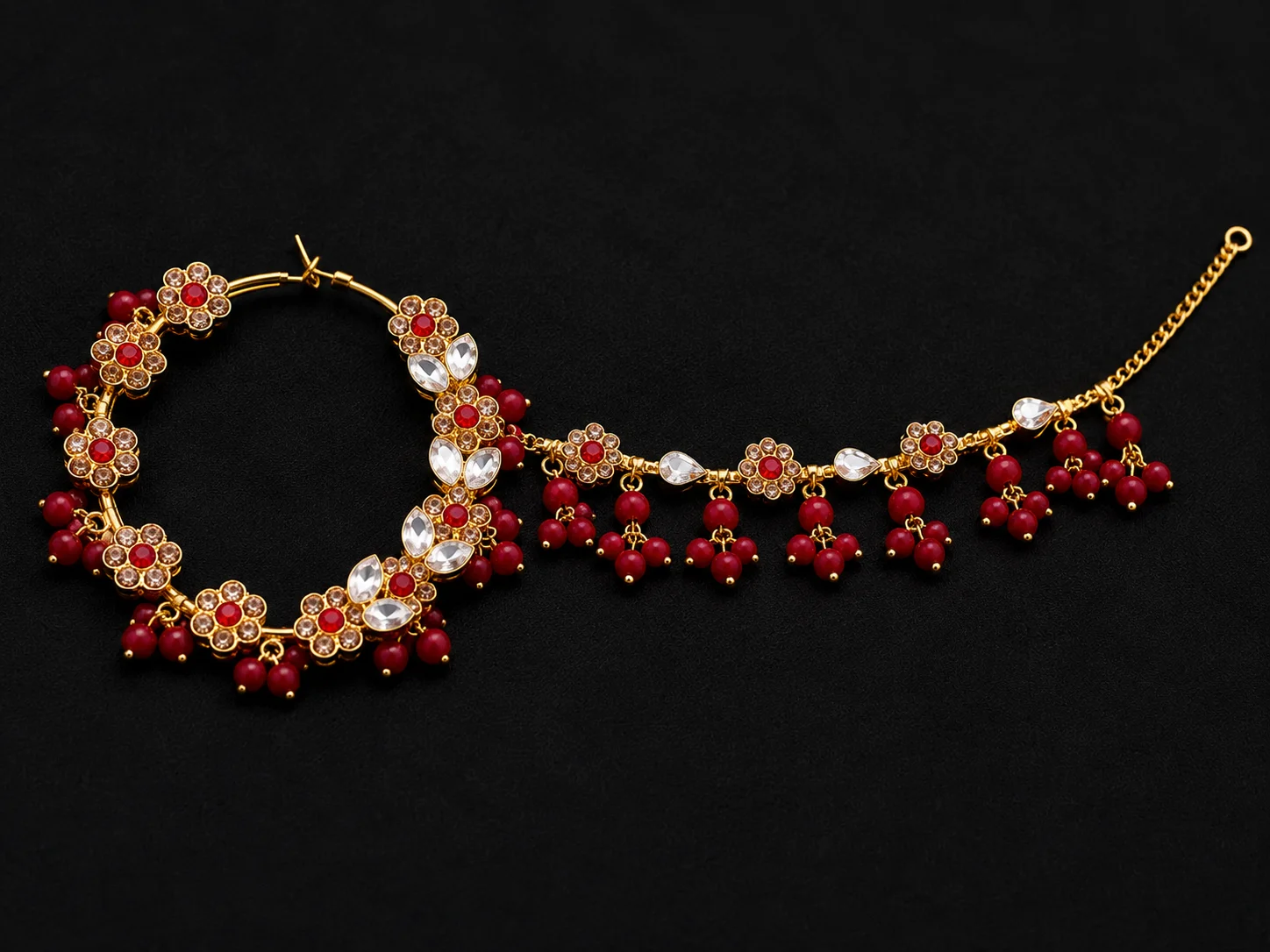 Elegant Traditional Nose Ring with Red Beads & Gold Detailing