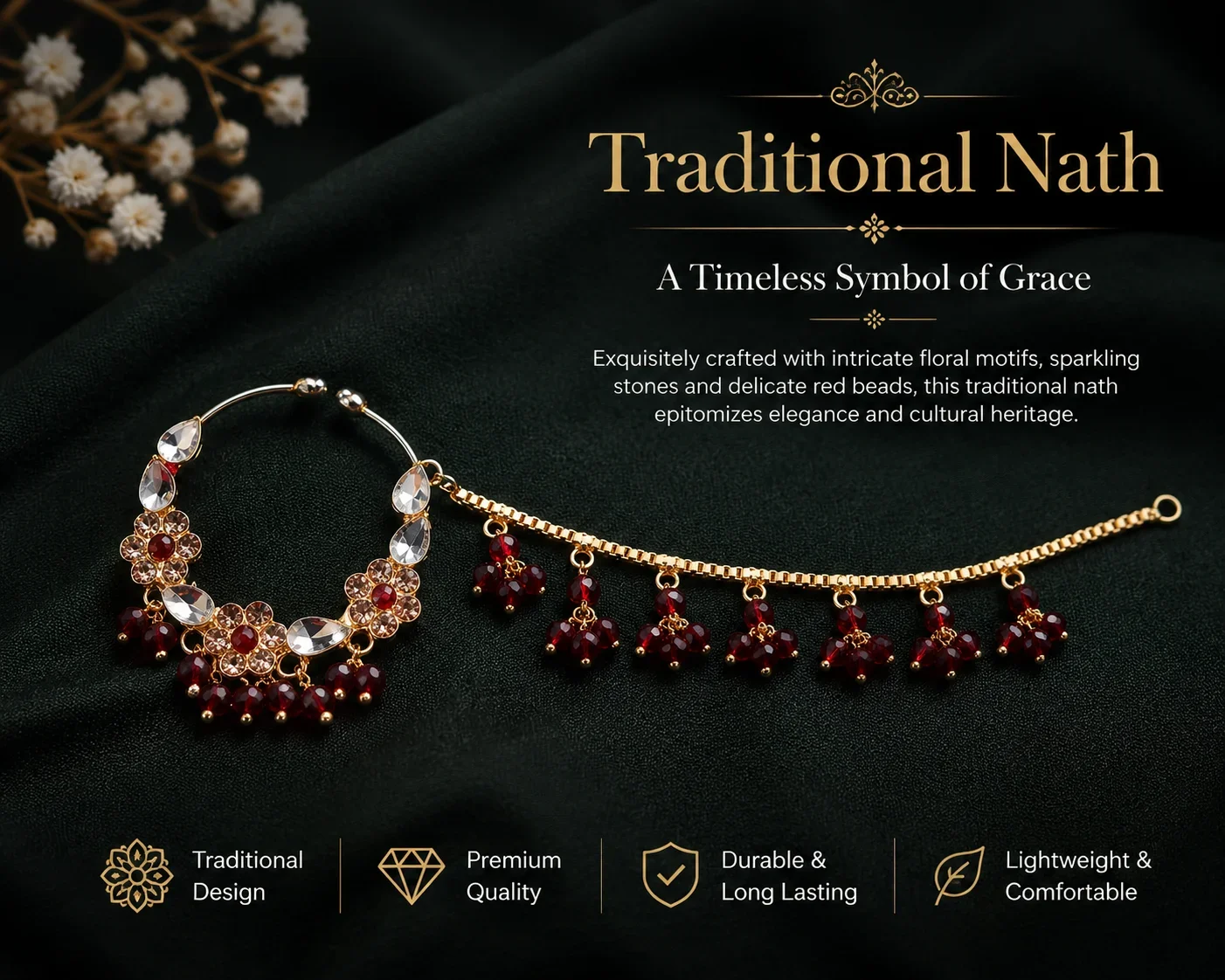 Elegant Gold & Red Beaded Nose Ring – Traditional Indian Jewelry