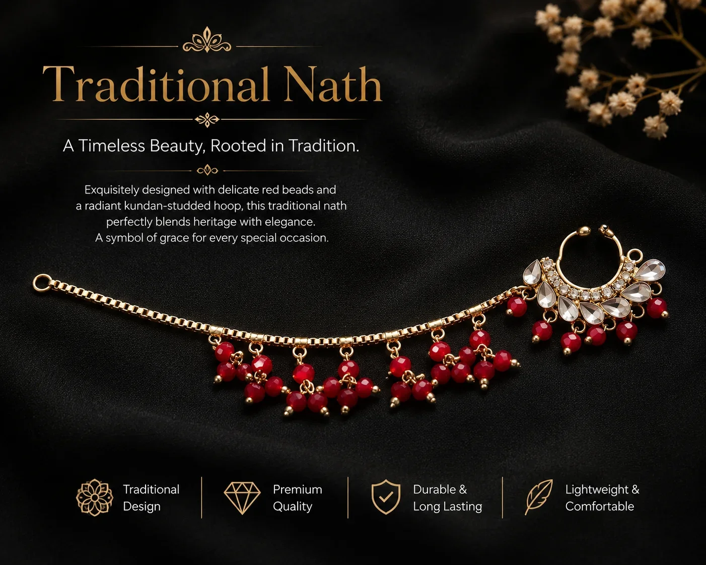 Elegant Gold Nose Ring with Red Bead Detailing
