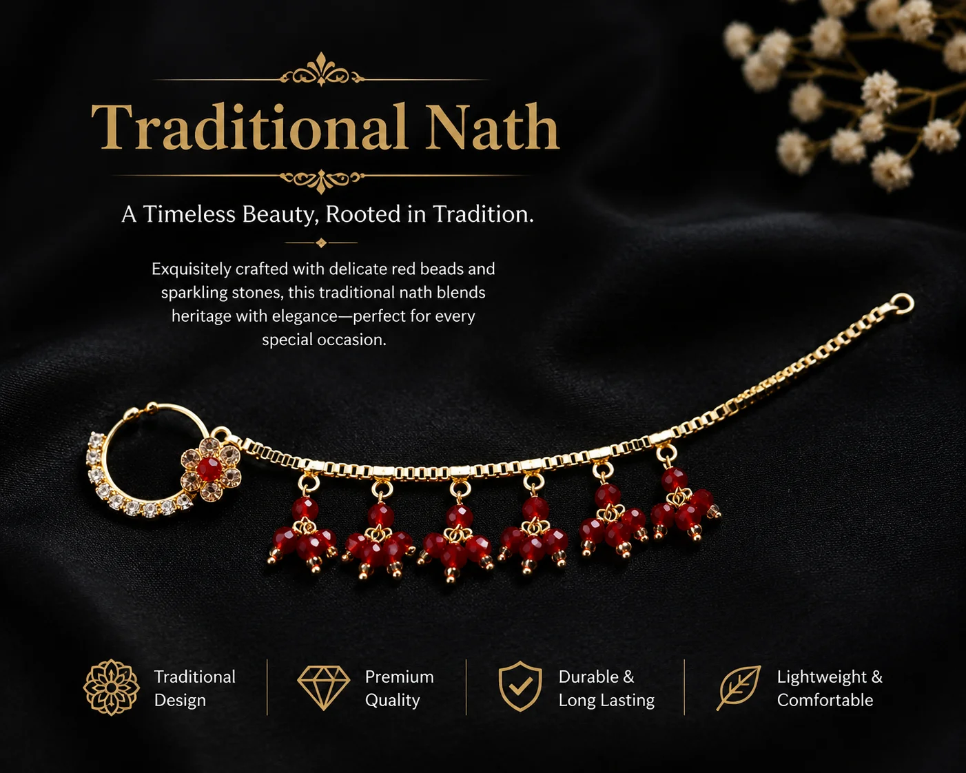 Elegant Gold Nose Ring with Red Bead Detailing