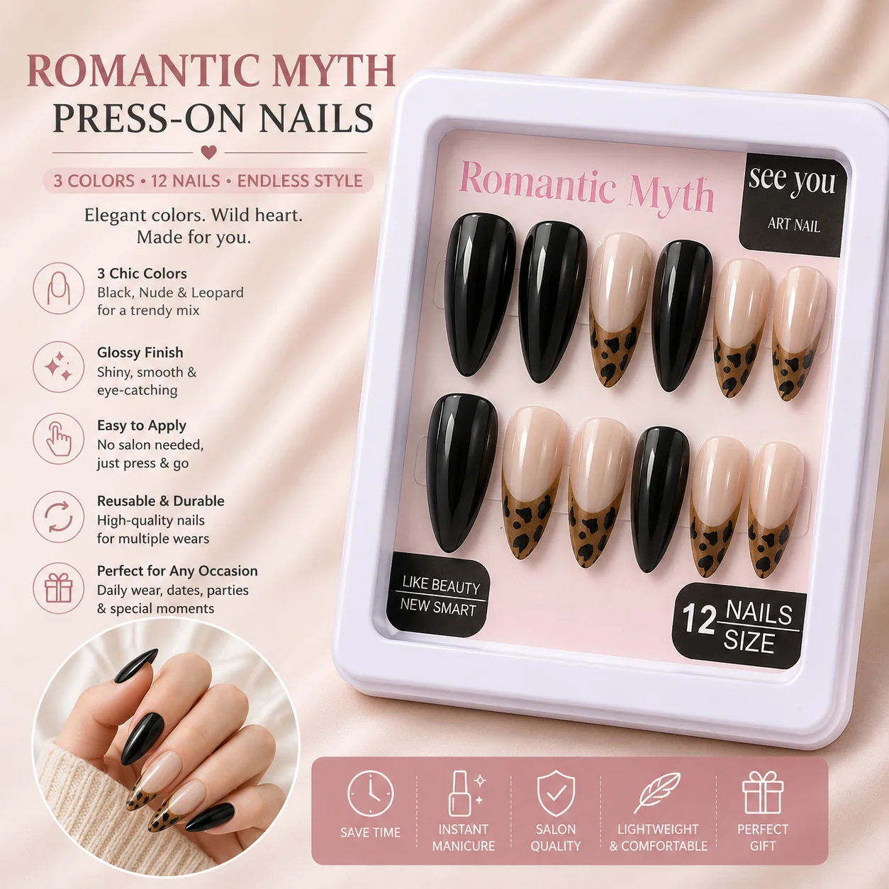 Romantic Myth Black & Nude Leopard Print Press-On Nails