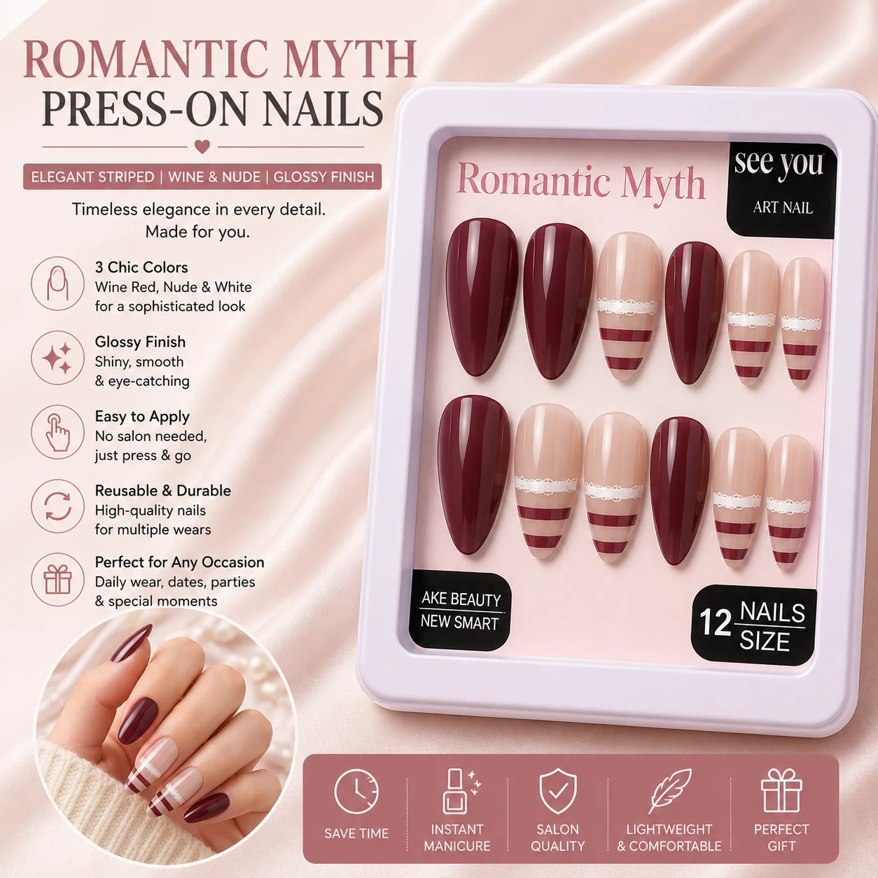 Romantic Myth Wine Red & Nude Striped Press-On Nails
