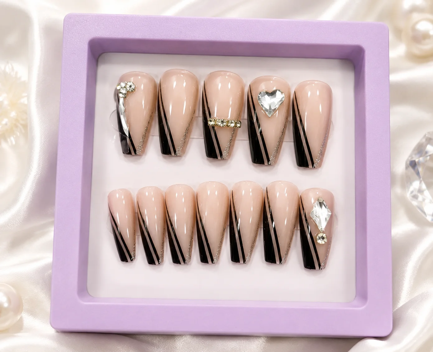 Nude Black French Press-On Nails with Rhinestone Design