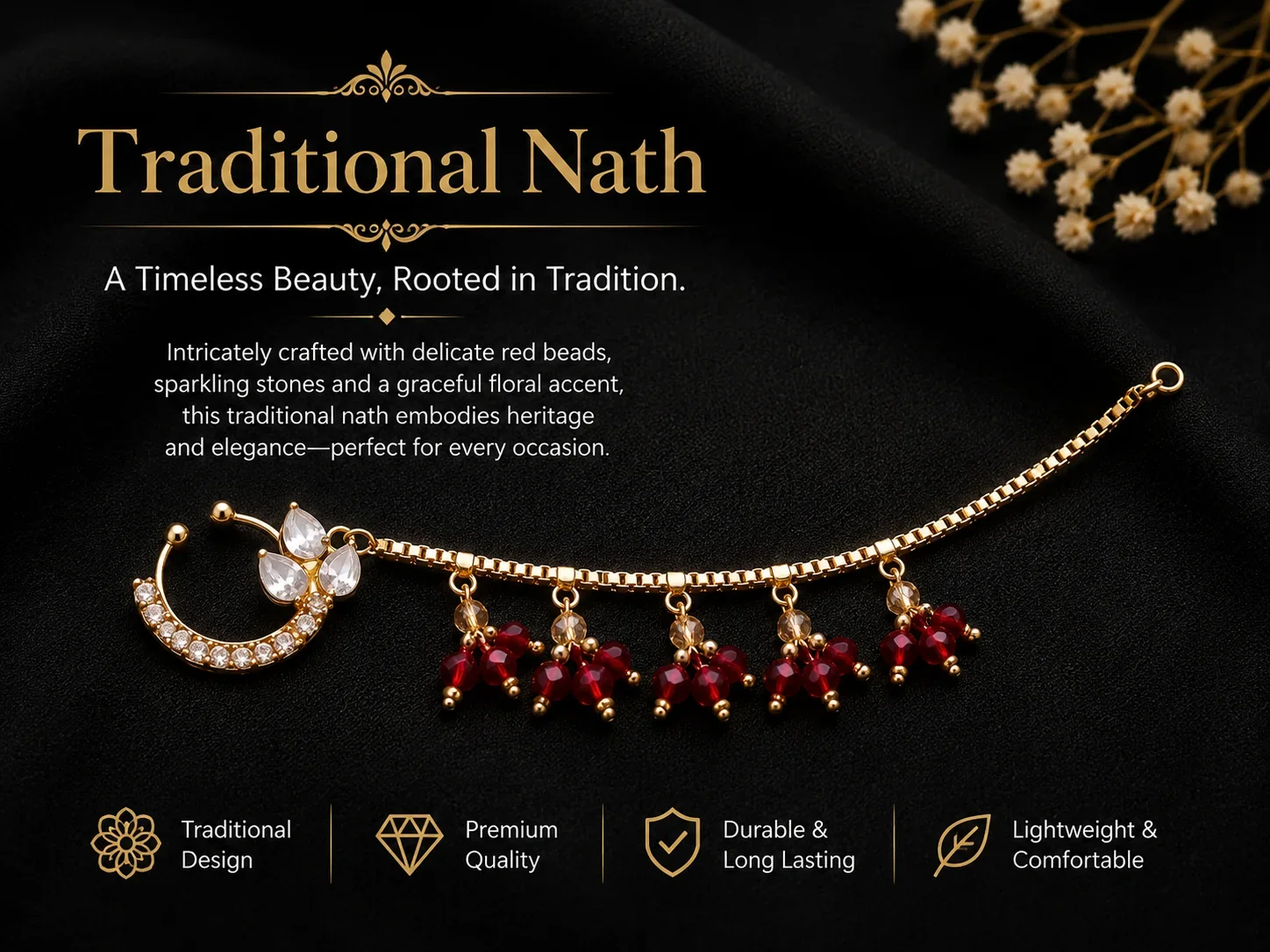 Elegant Gold Nose Ring with Red Bead Charms