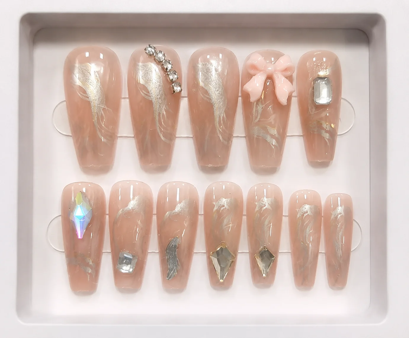 Luxury Nude Marble Press-On Nails with Silver Foil & Rhinestone Design