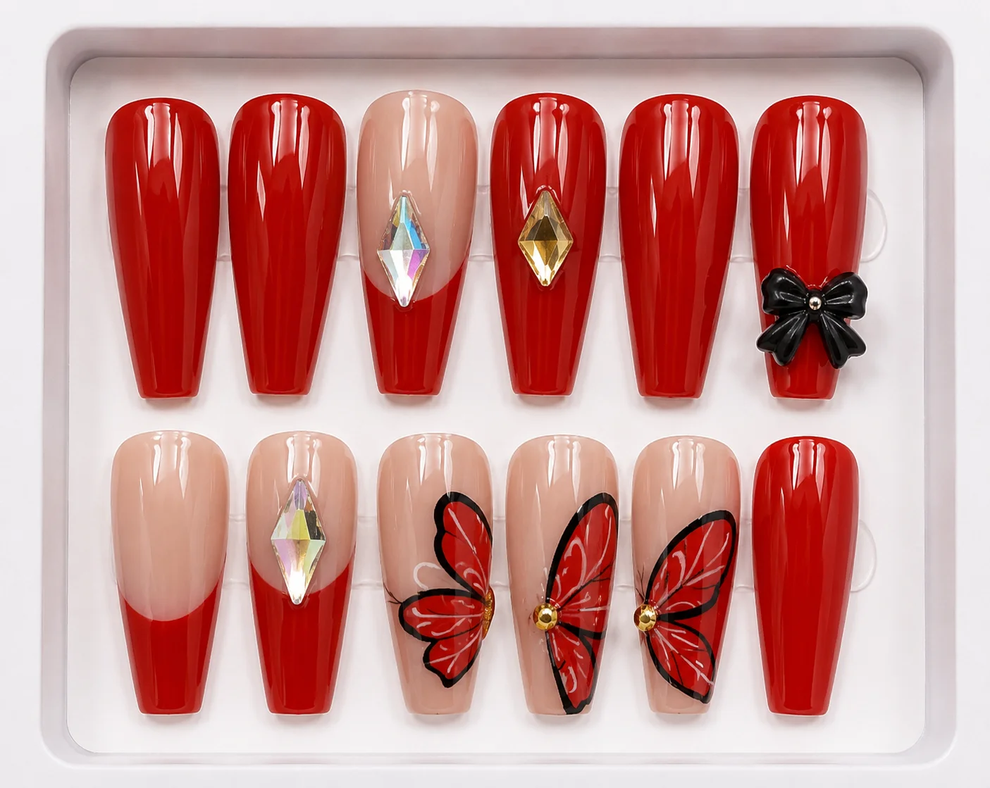 Luxury Red Butterfly Press-On Nails with Crystal & 3D Bow Design