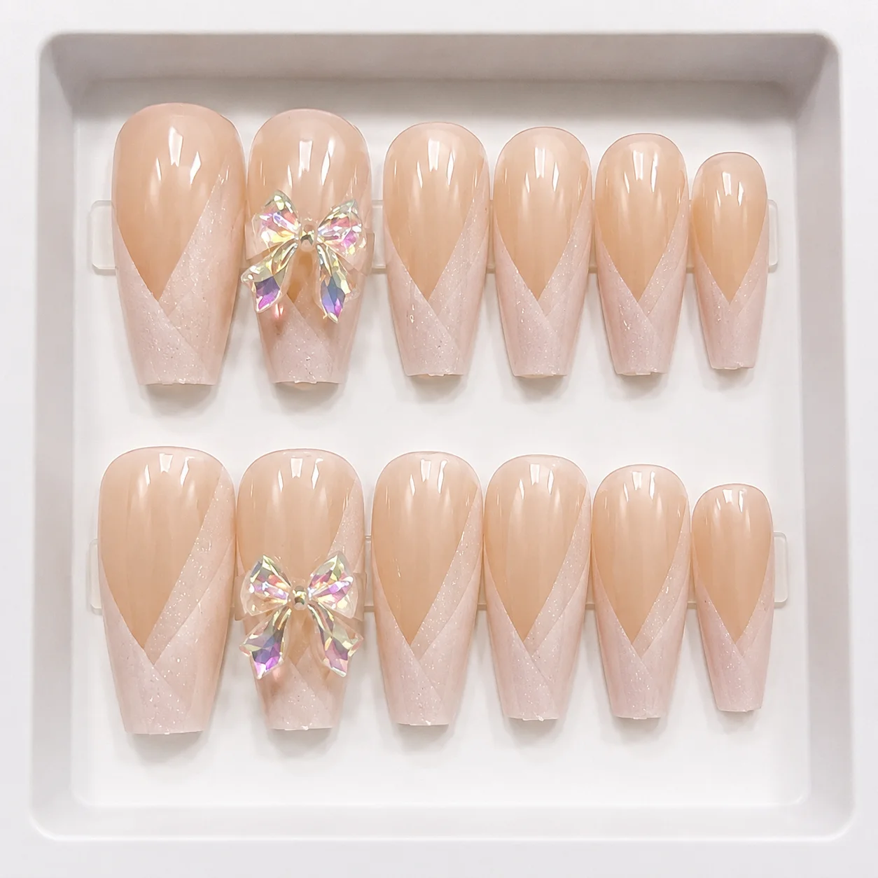 Nude Pink Press-On Nails with Crystal Bow