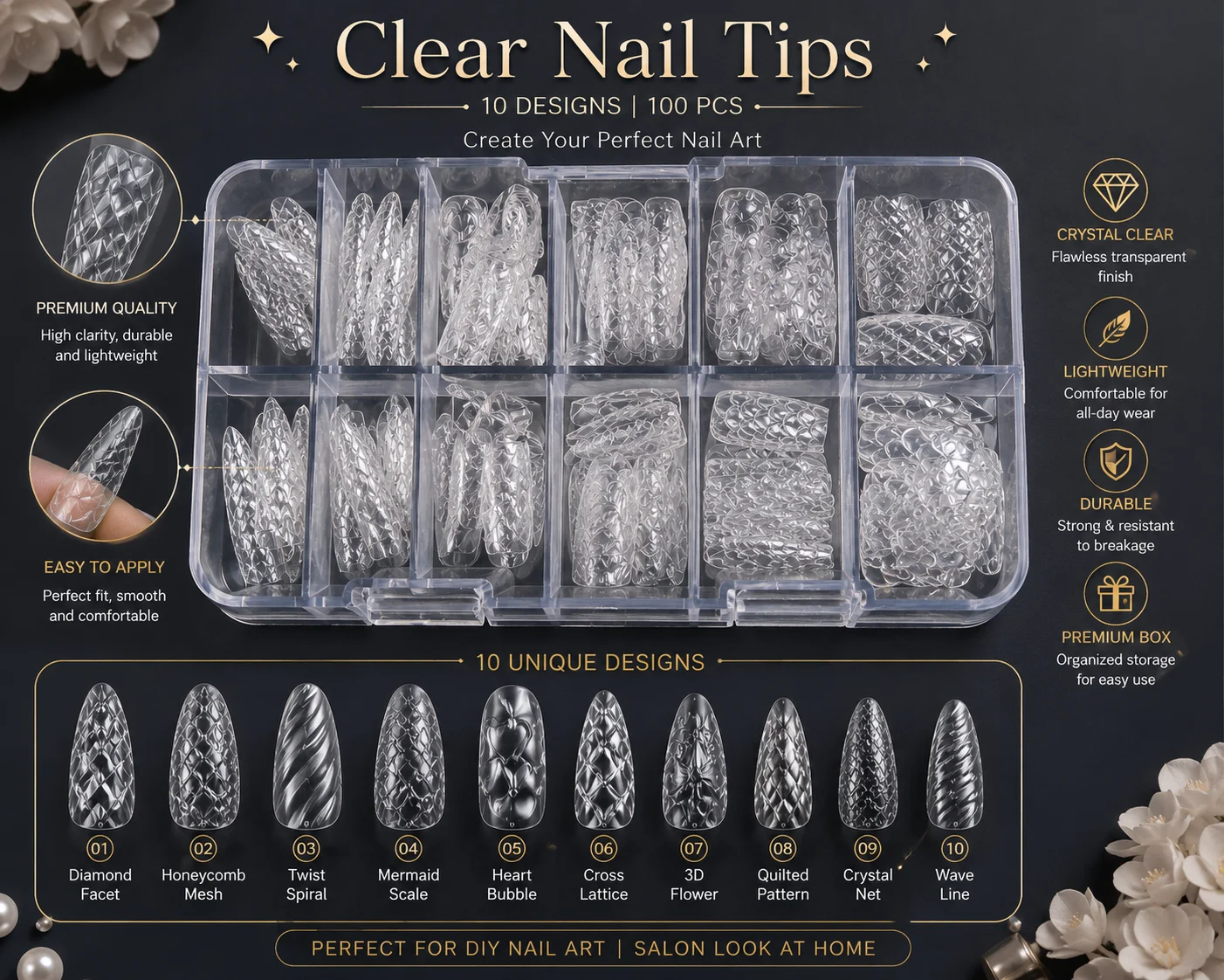 Premium Clear Textured Nail Tips Set – 10 Unique Designs