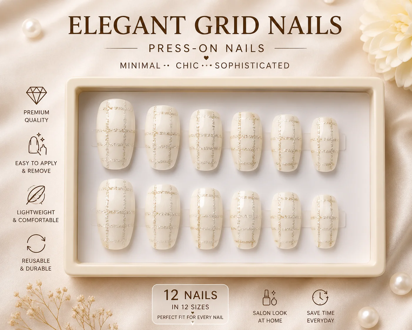 Elegant White Glitter Grid Press-On Nails – 12 Pieces Reusable Nail Tips