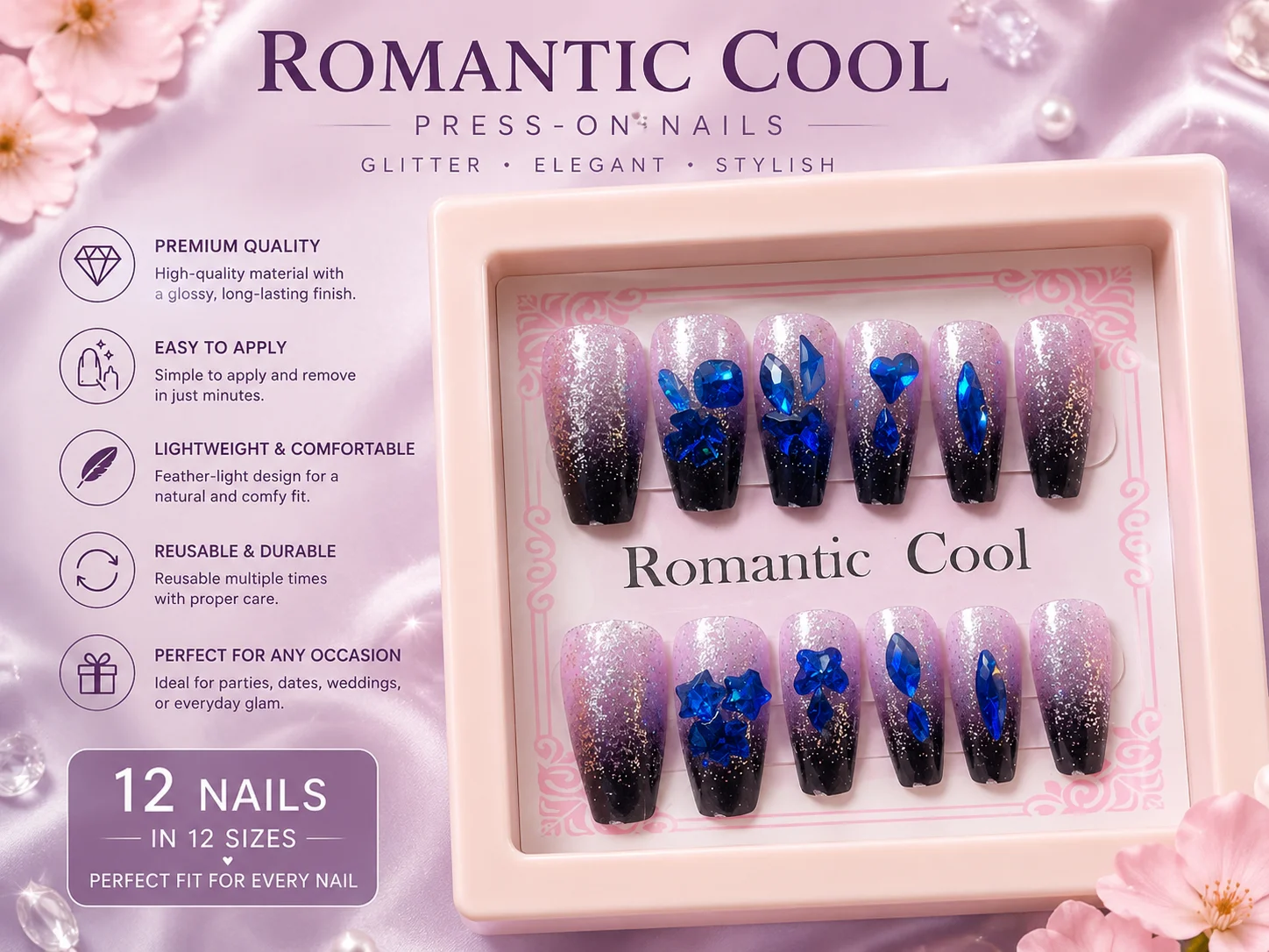 Luxury Blue Crystal Press-On Nails – Glitter Ombre Reusable Nail Set (12 Pieces)