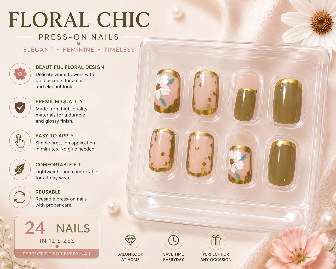 Floral Olive Green Press-On Nails – Short Square Reusable Nail Set (24 Pieces)
