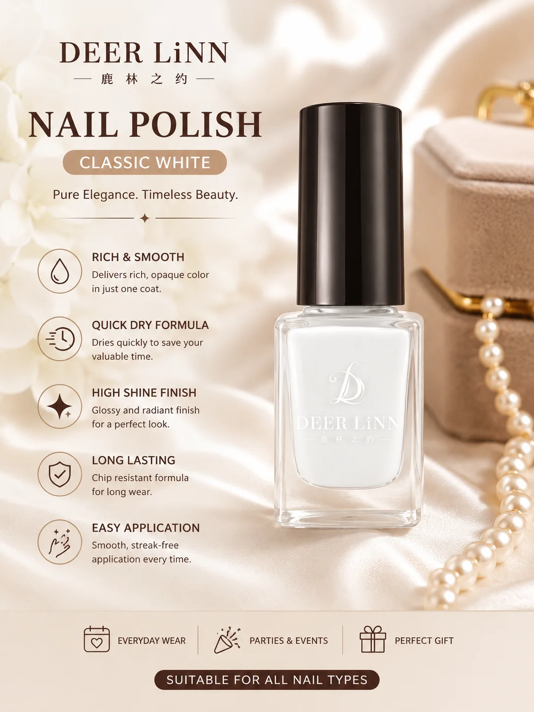 DEER LiNN Classic Nail Polish – Long Lasting Glossy White Nail Color