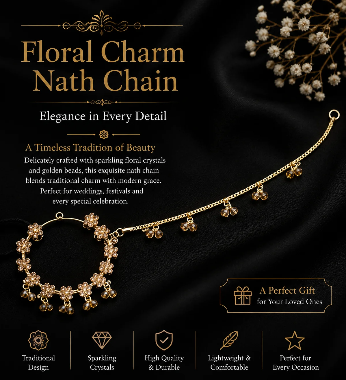 Elegant Golden Floral Bracelet with Dangling Beads