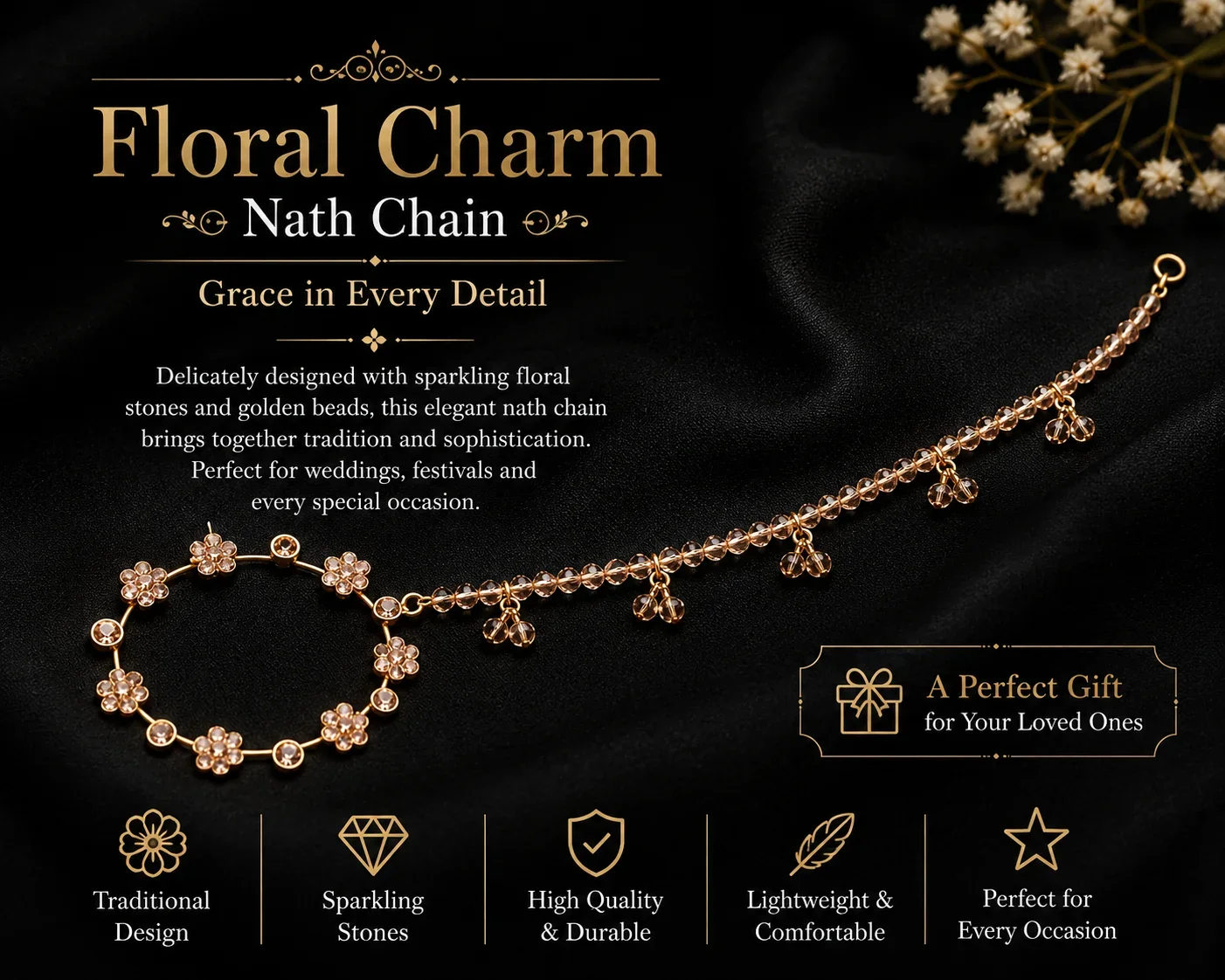 Elegant Golden Floral Matha Patti with Crystal Accents
