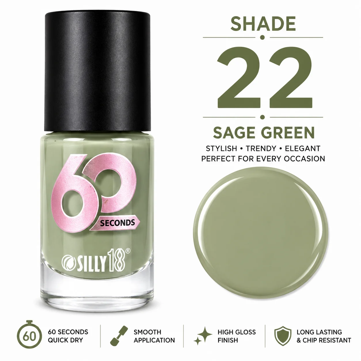 Silly18 60 Seconds Nail Polish – Shade 22 Sage Green