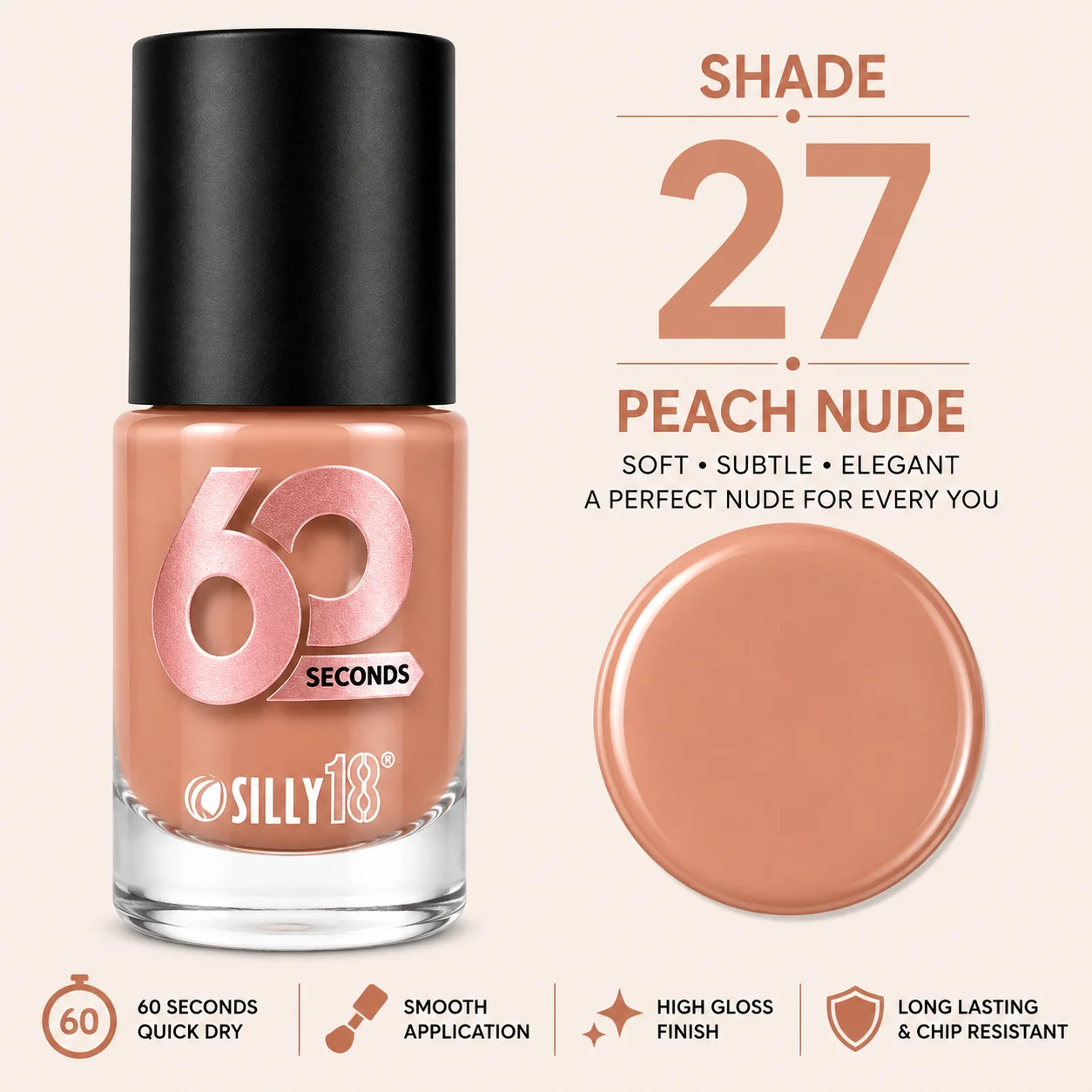 Silly18 60 Seconds Nail Polish – Shade 27 Peach Nude