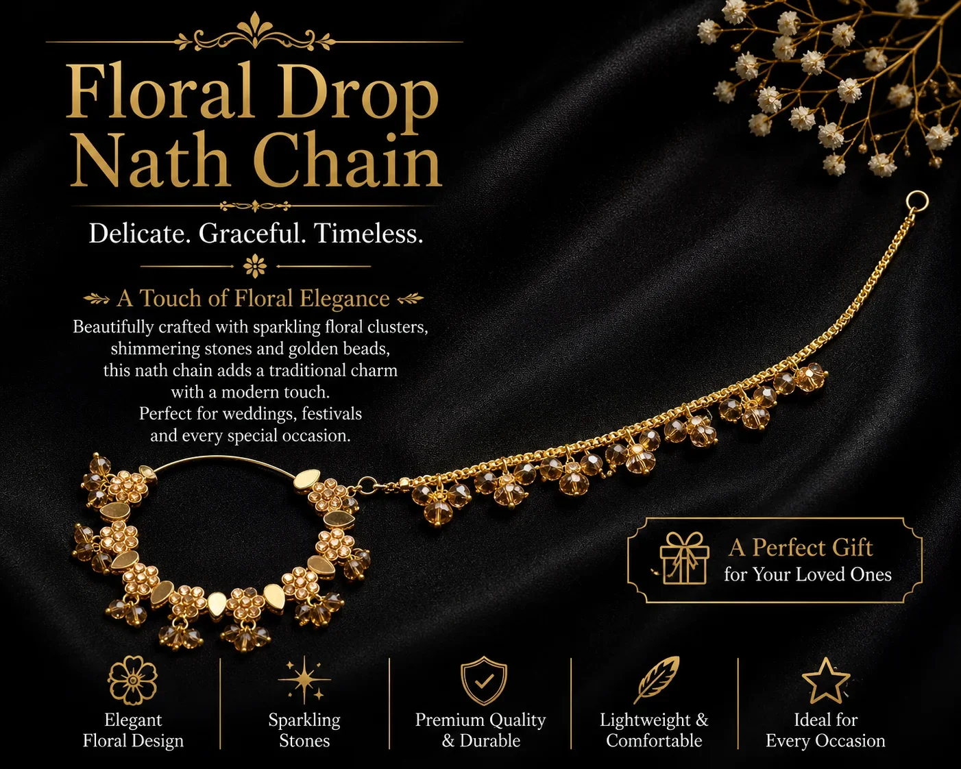 Elegant Gold Floral Nose Ring with Dangling Crystals