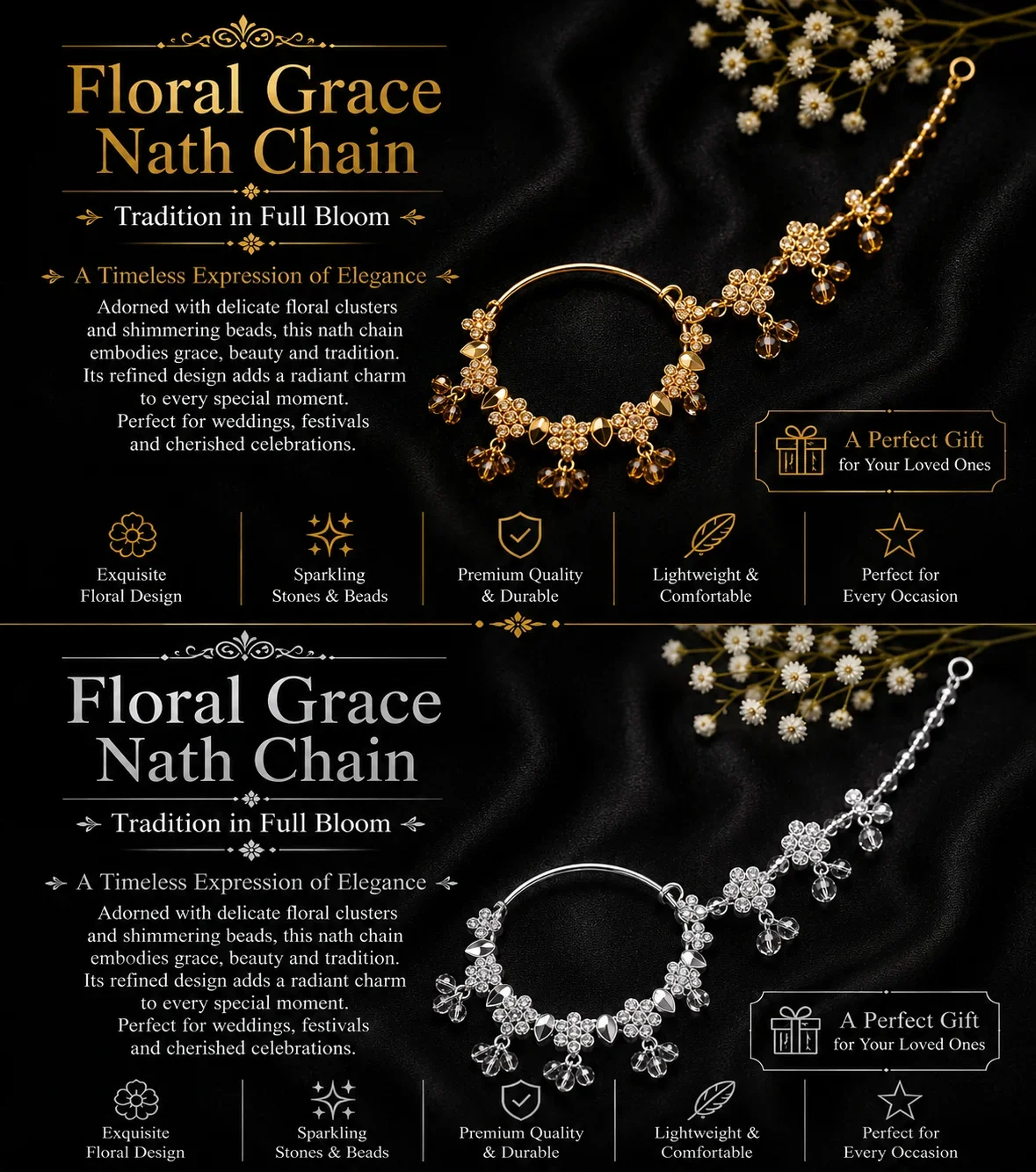 Floral Grace Nath Chain – Gold & Silver Dual Edition