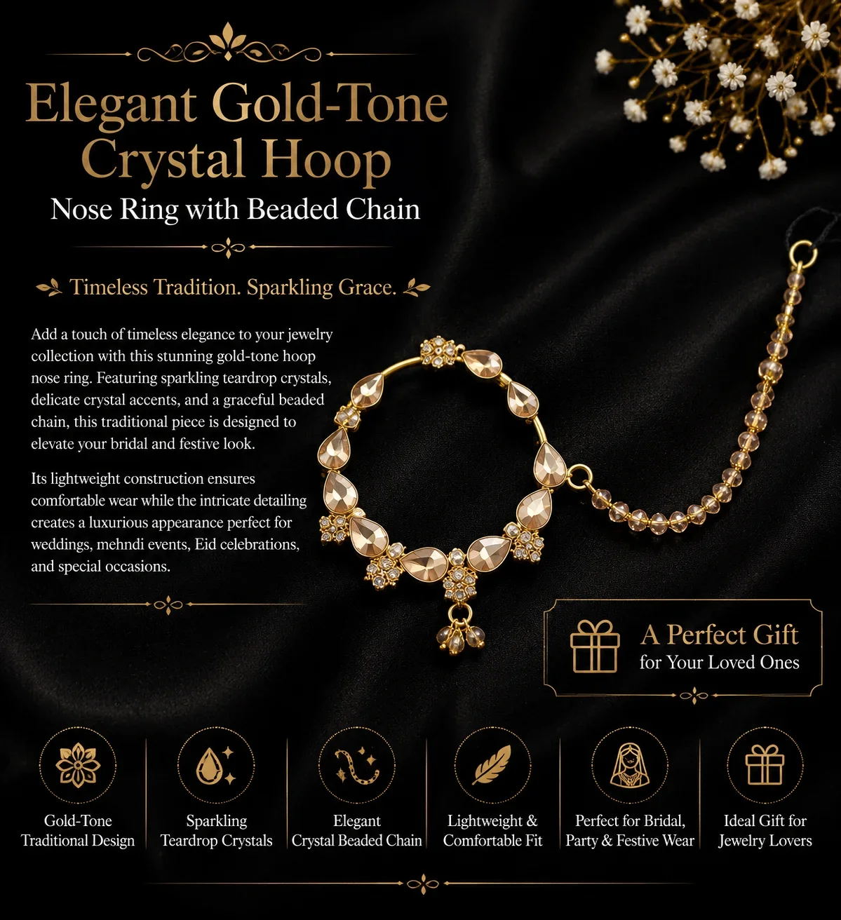 Elegant Gold-Tone Crystal Hoop Nose Ring with Beaded Chain