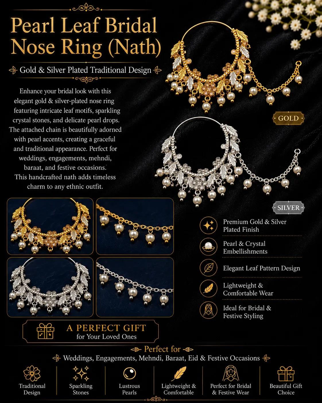Elegant Pearl & Crystal Bridal Nath Set – Gold & Silver Options