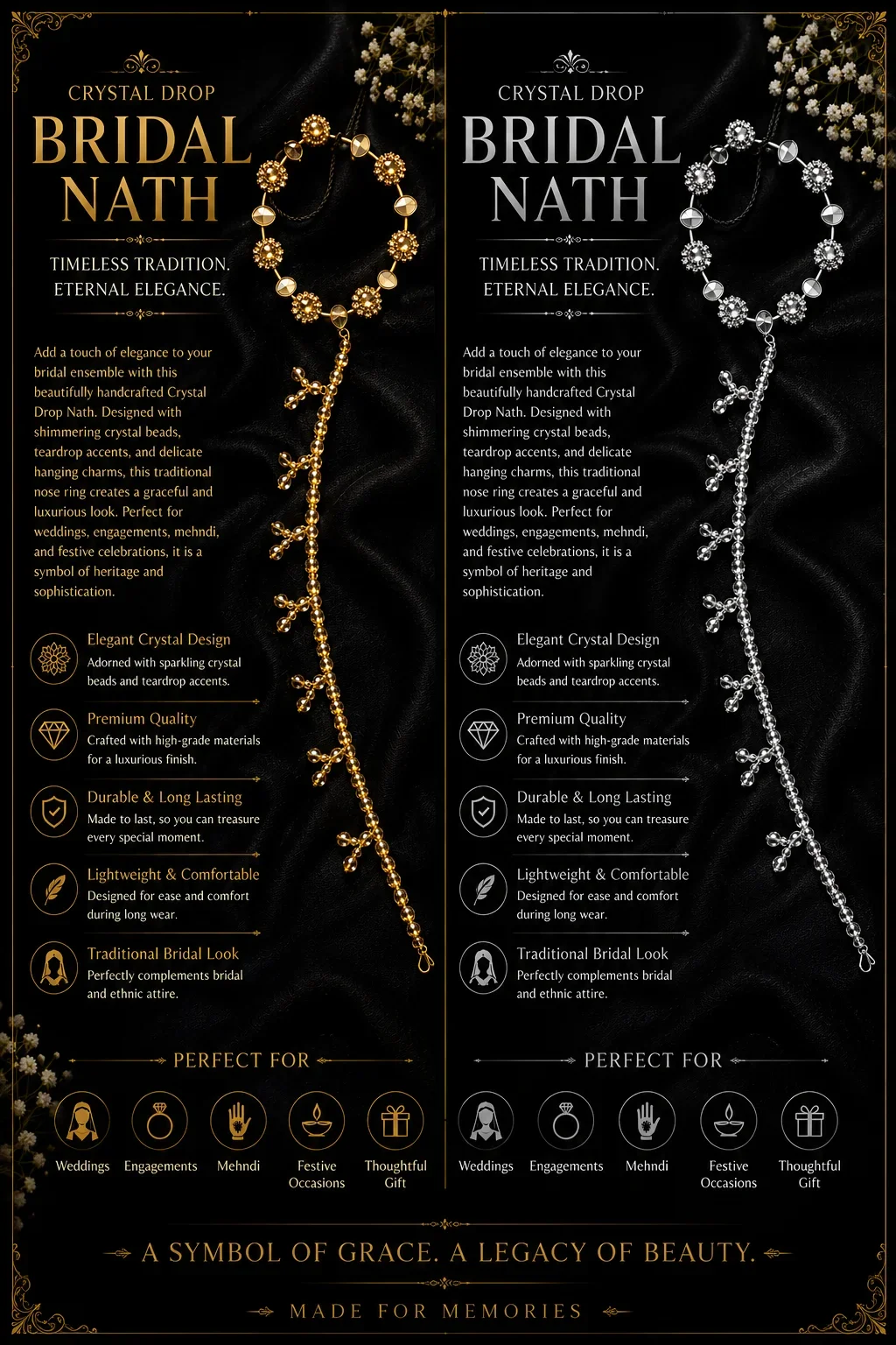Crystal Drop Bridal Nath – Gold & Silver Edition