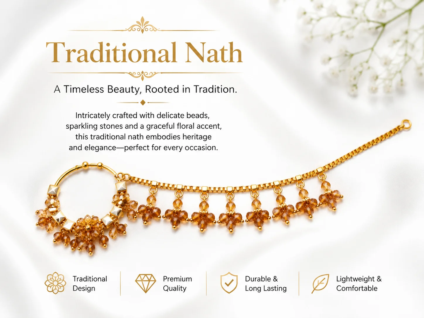 Golden Crystal Nath with Chain – Traditional Bridal Nose Ring