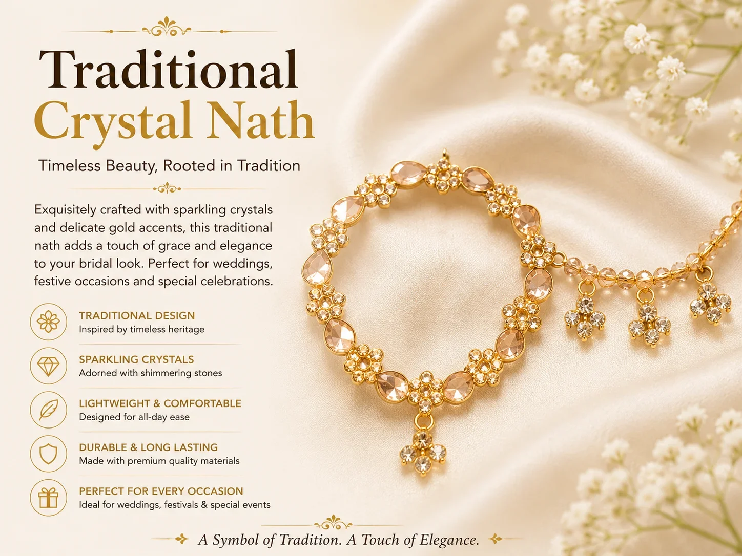 Floral Crystal Nath with Chain – Traditional Bridal Nose Ring