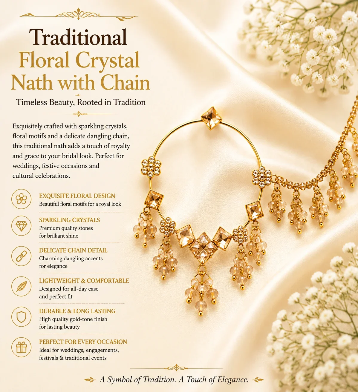 Elegant Gold Nath with Crystal Floral Motifs