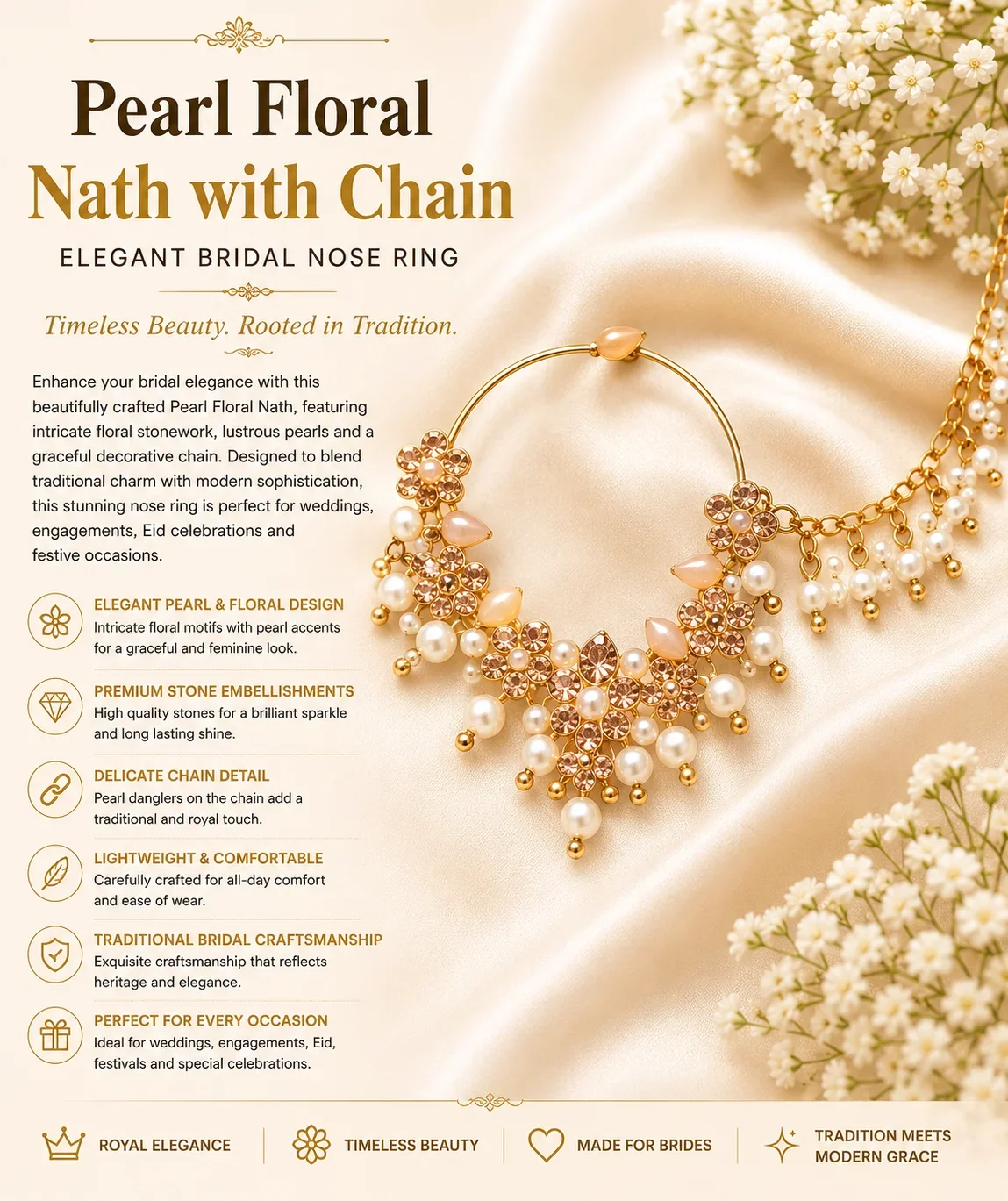 Pearl Floral Nath with Chain – Elegant Bridal Nose Ring