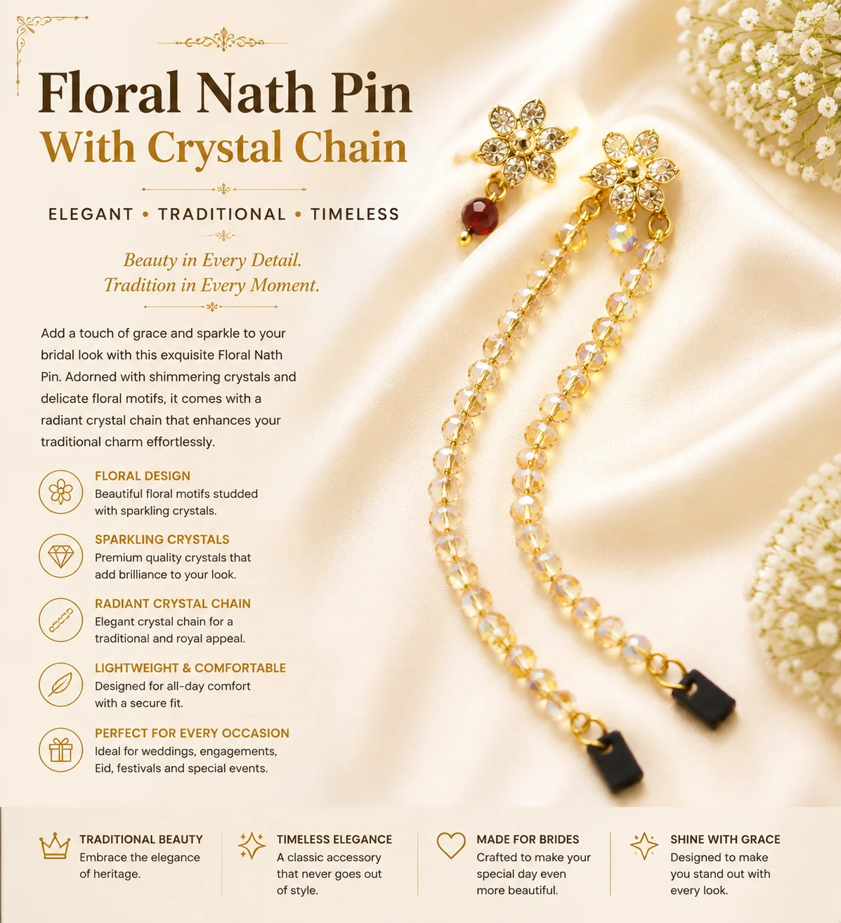 Golden Floral Crystal Chain Nath Pin – Elegant Traditional Bridal Nose Ring Accessory