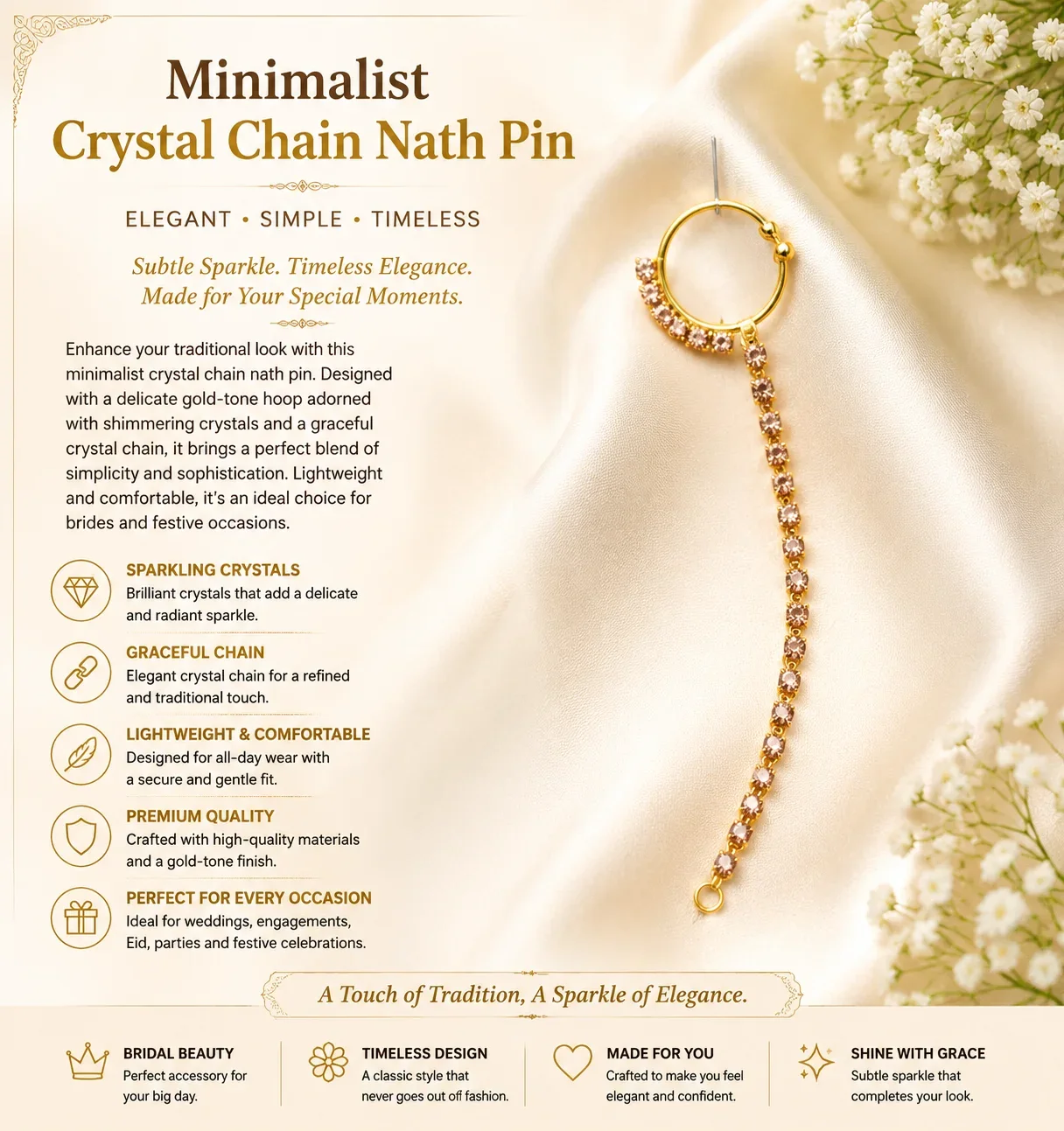 Minimalist Crystal Chain Nath Pin – Elegant Gold-Tone Bridal Nose Ring Accessory