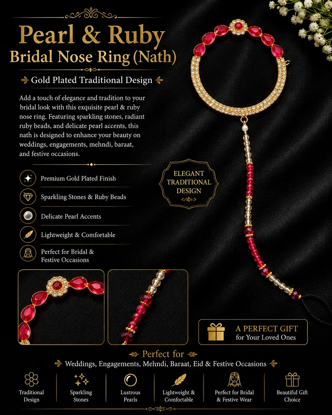 Ruby Crystal Bridal Nose Ring (Nath) – Gold Plated Traditional Design
