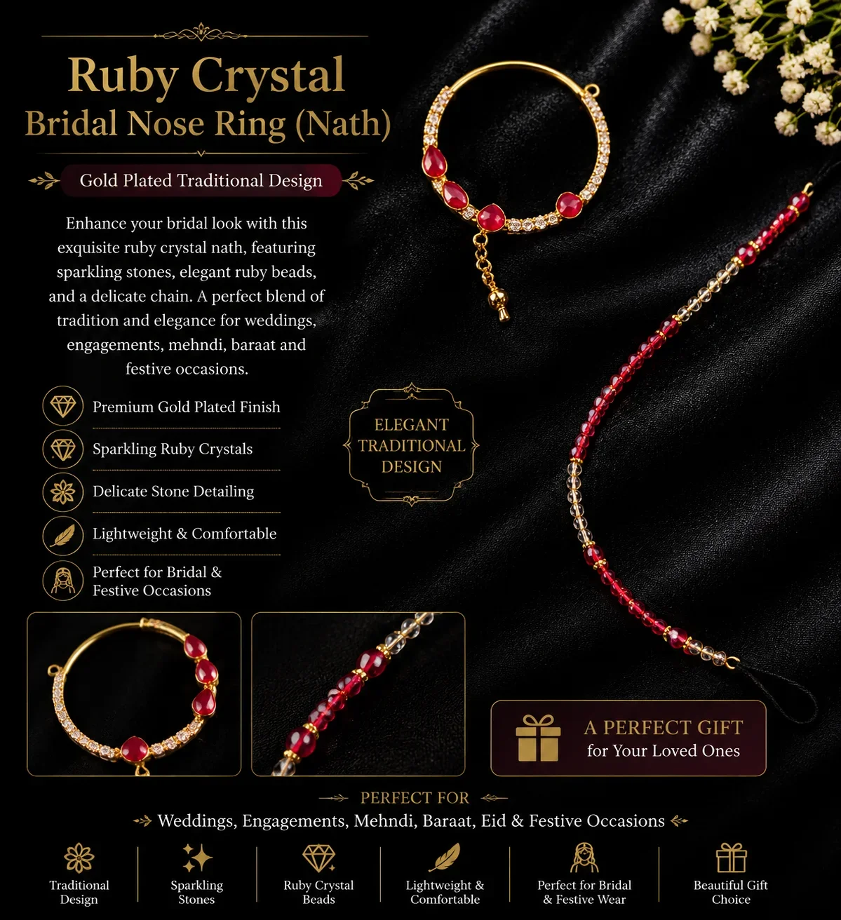Elegant Red Bridal Nose Ring (Nath) – Gold Plated with Crystal Accents