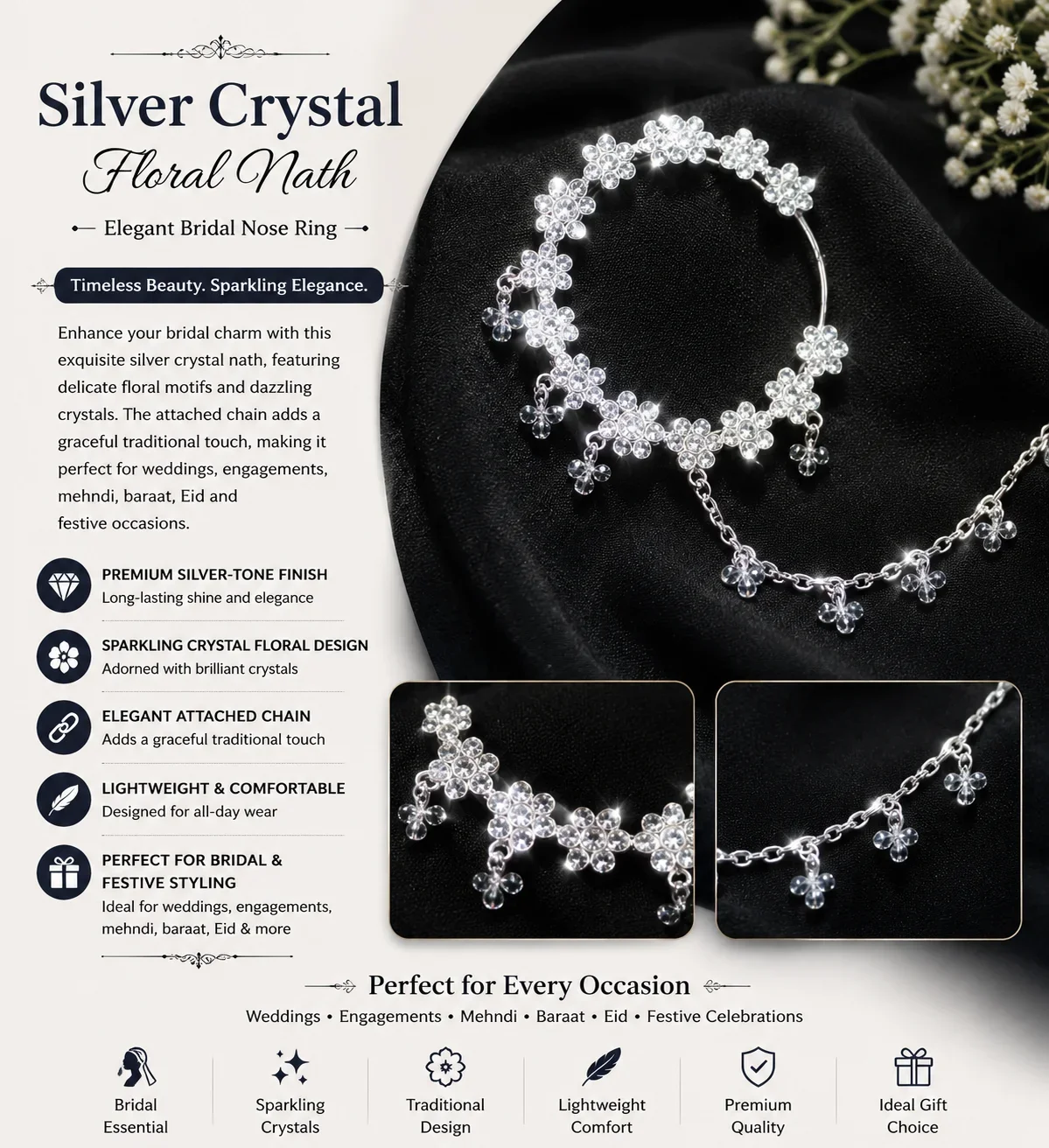 Silver Crystal Floral Nath – Elegant Bridal Nose Ring