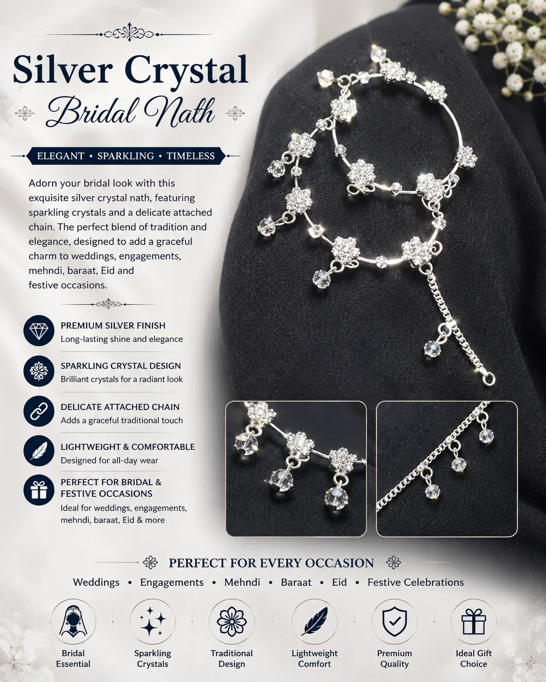 Elegant Silver Crystal Nath