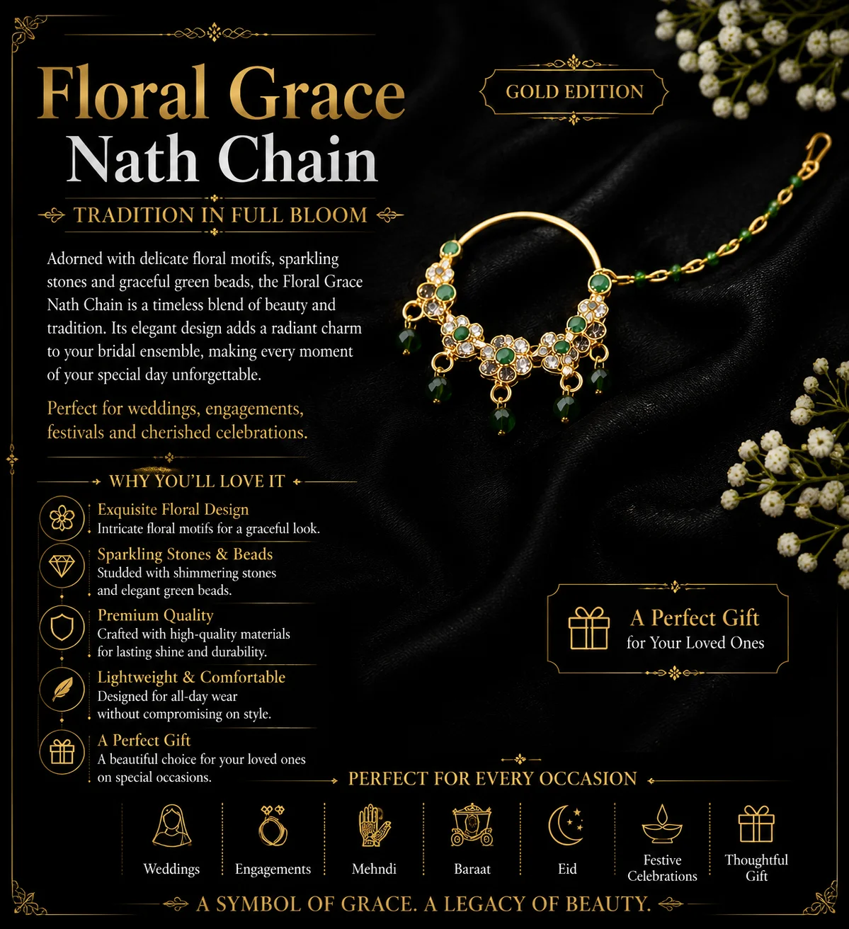 Elegant Emerald Bridal Nath Chain