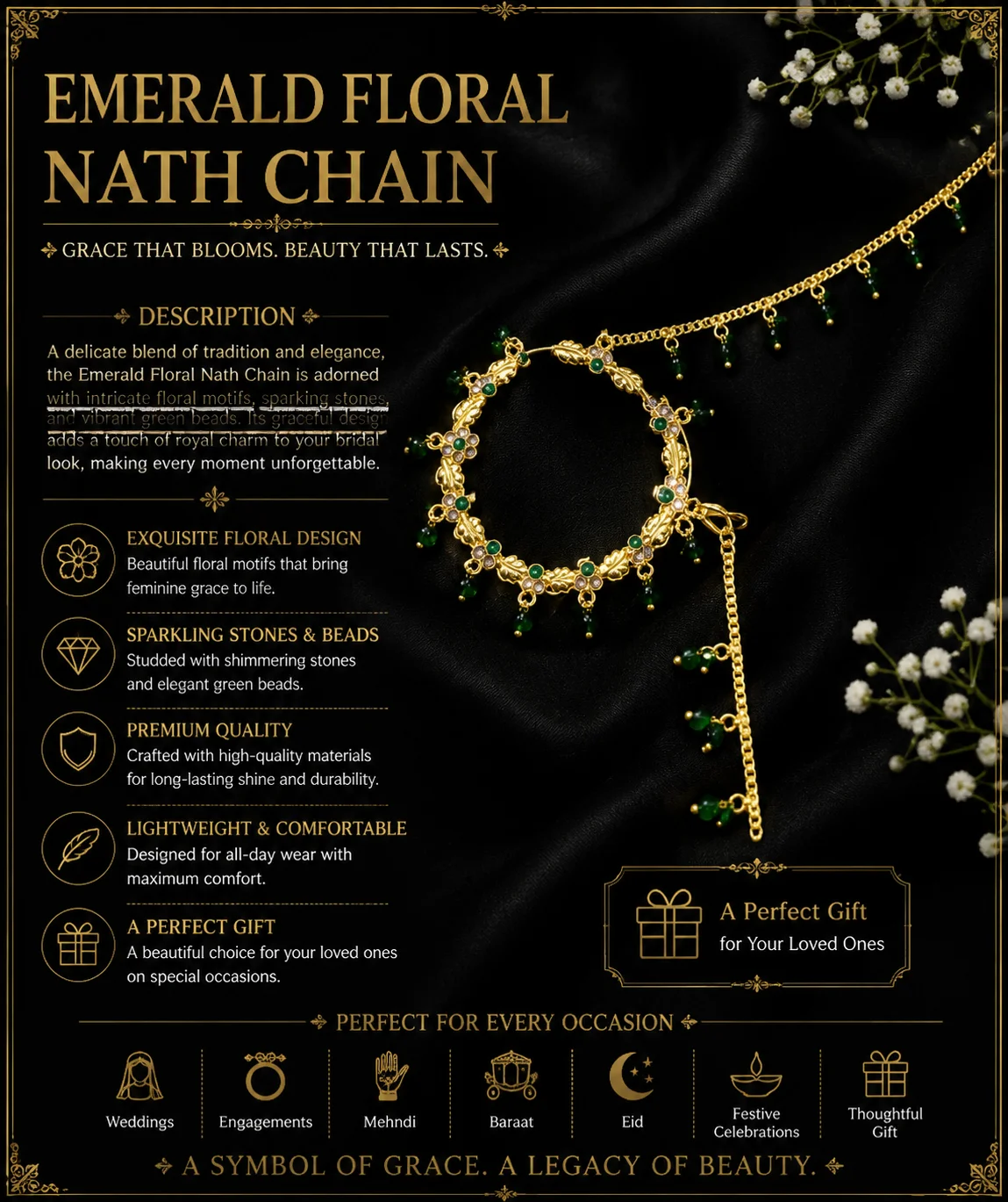 Emerald Floral Bridal Nath Chain – Gold Plated Traditional Nose Ring