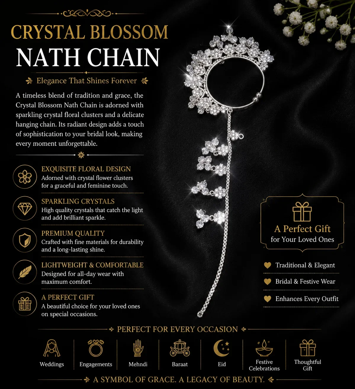 Elegant Silver Nath with Crystal Floral Detailing