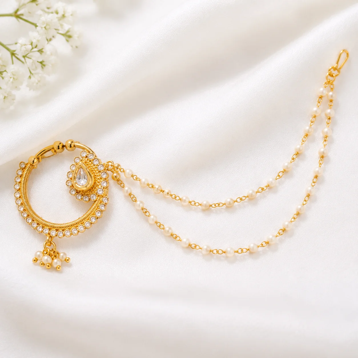Elegant Gold Nath Long Chain | Bridal Nose Ring Jewellery Set