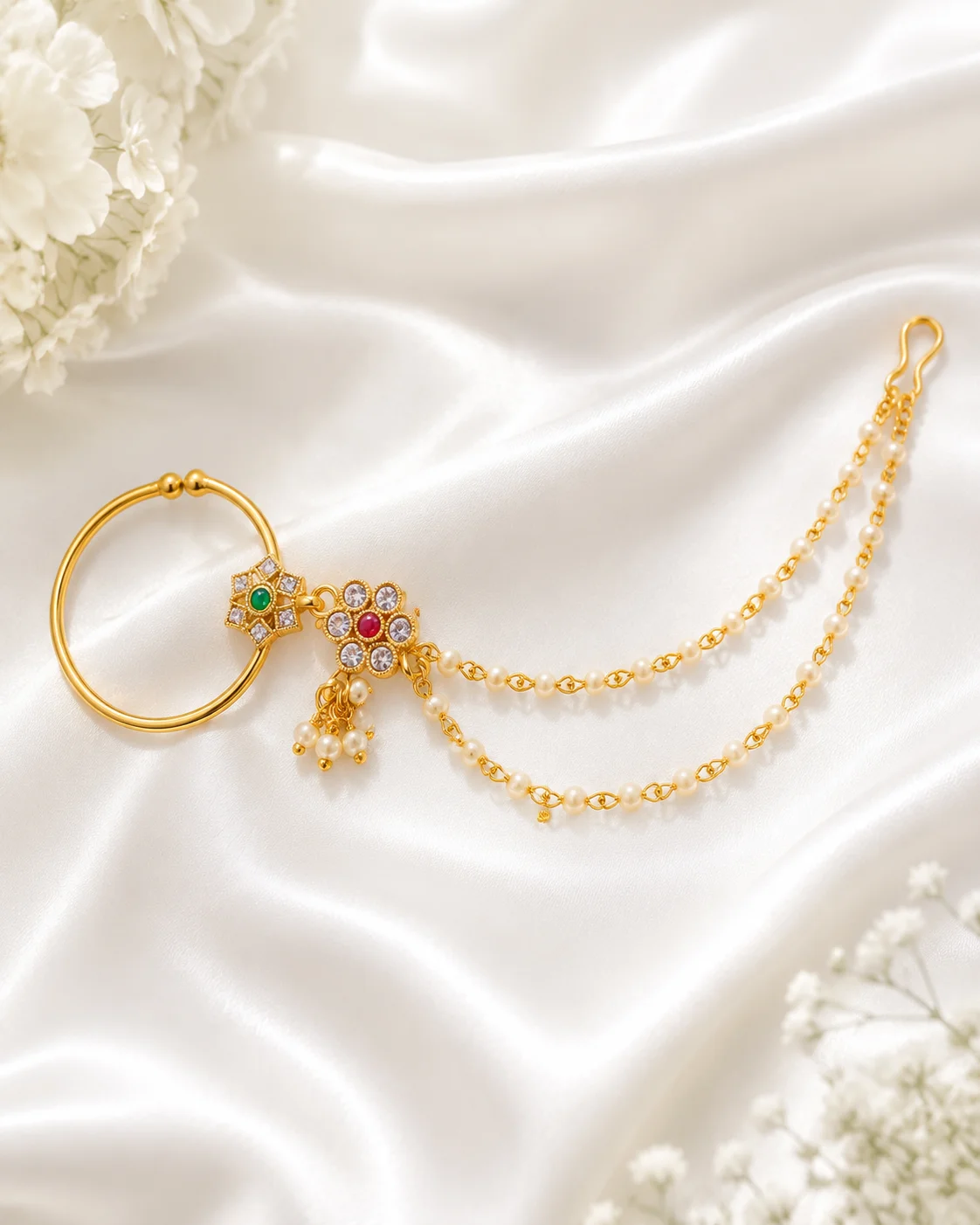 Royal Gold Stone Pearl Nath – Premium Bridal Nose Ring