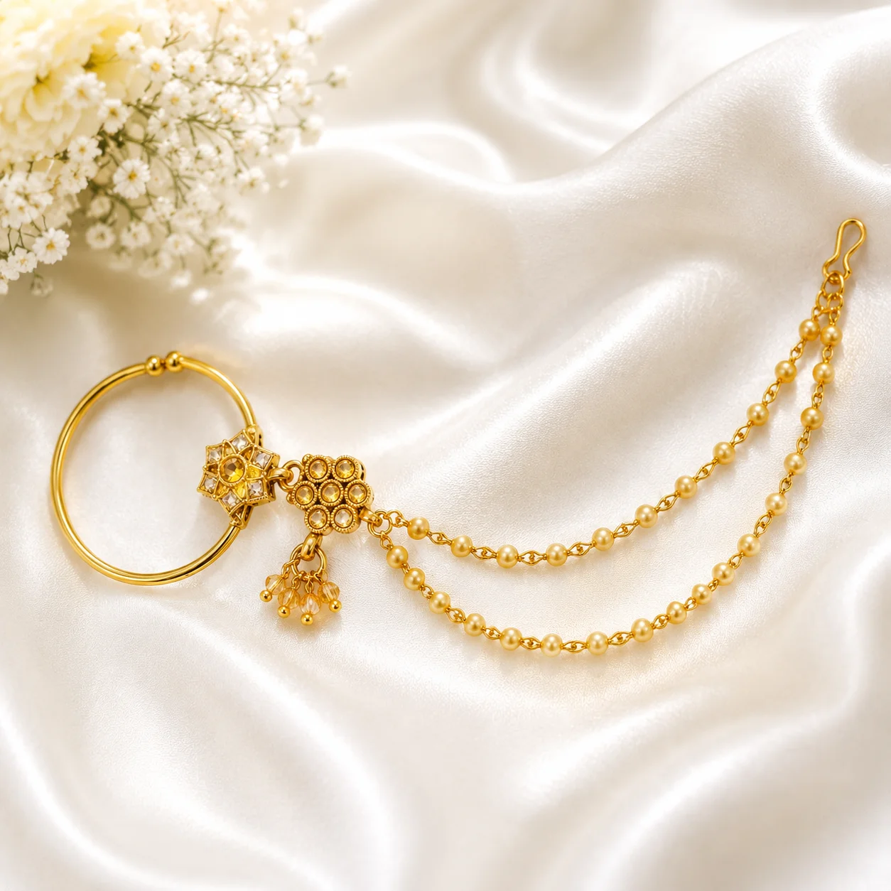 Royal Gold Stone Pearl Nath – Premium Bridal Nose Ring
