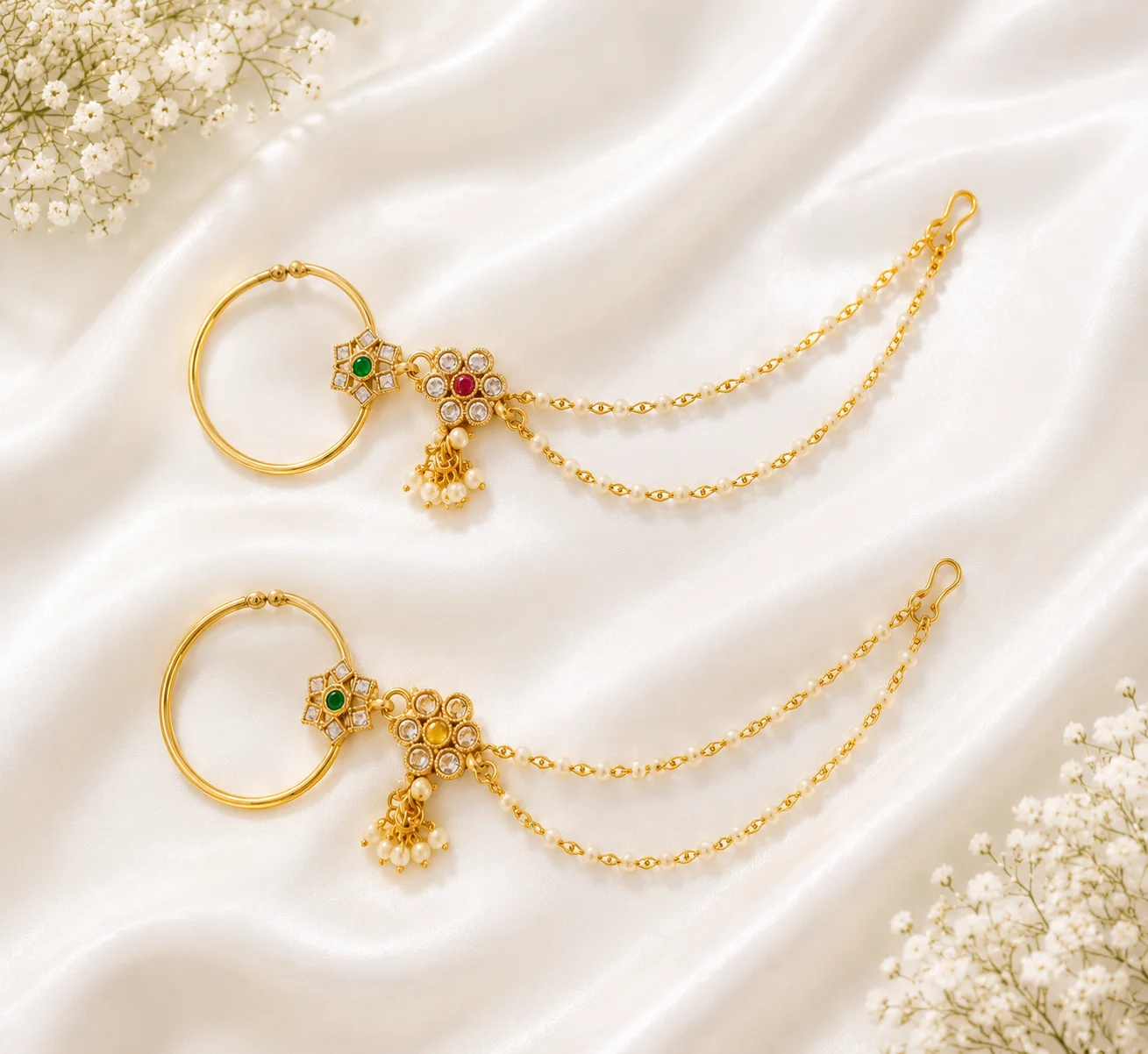 Royal Gold Stone Pearl Nath – Premium Bridal Nose Ring