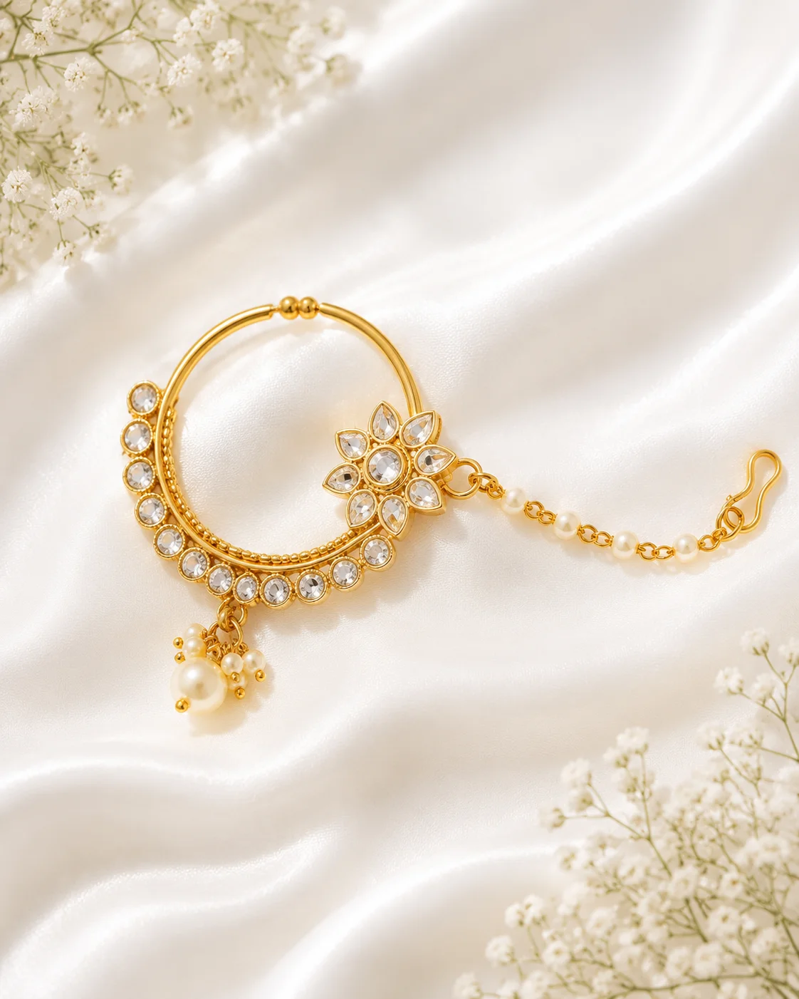 Elegant Gold Plated White Stone Bridal Nath with Pearl Chain